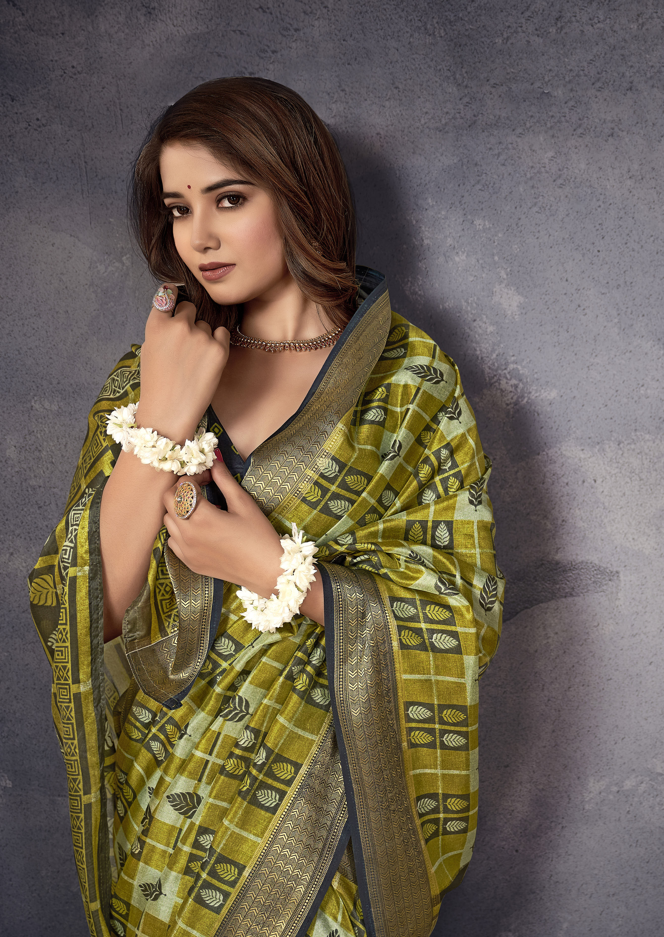 Olive Yellow Kalamkari Silk Block Print Saree