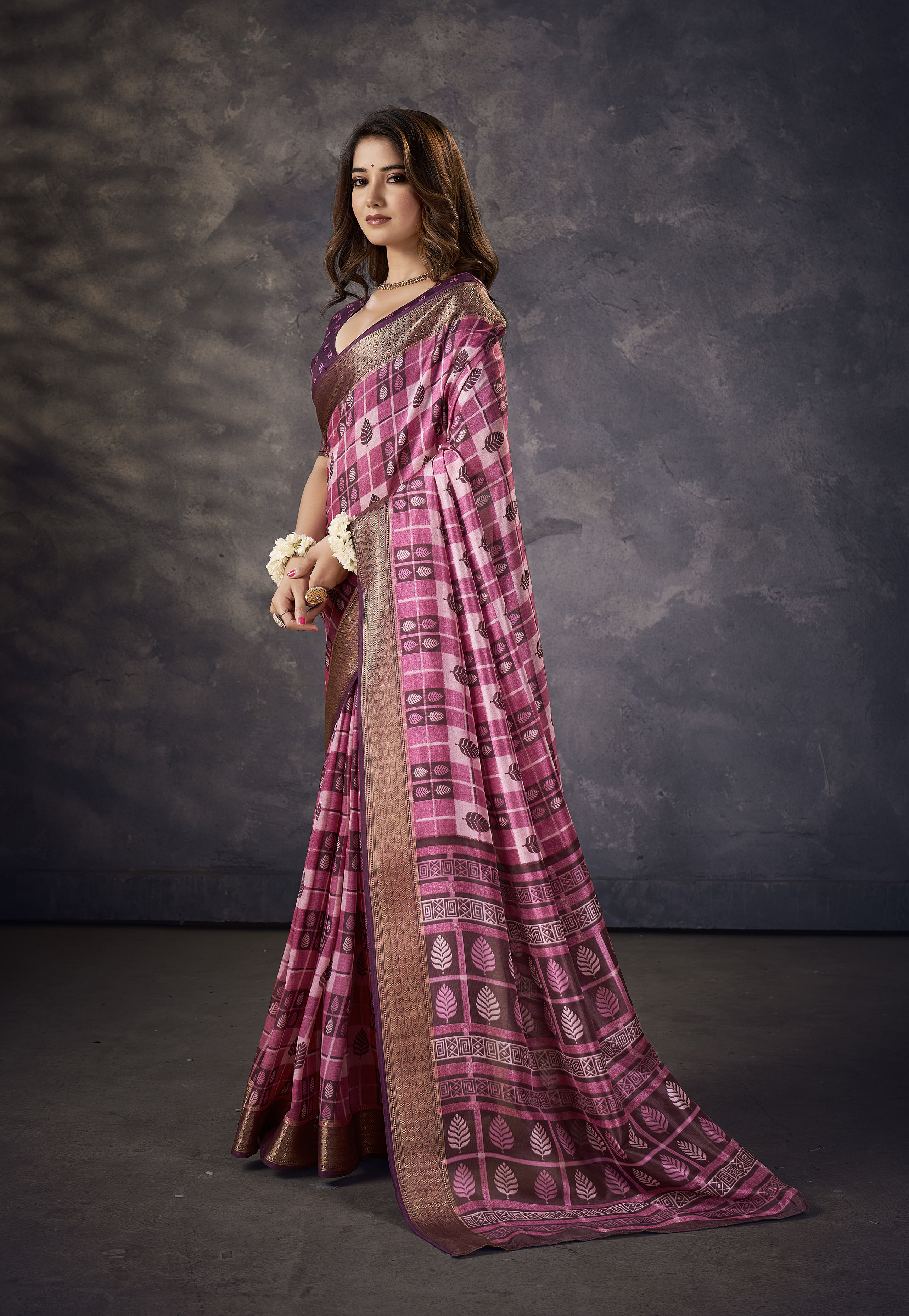 Purple Pink Kalamkari Silk Block Print Saree