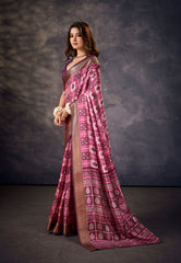 Purple Pink Kalamkari Silk Block Print Saree