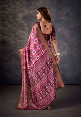 Purple Pink Kalamkari Silk Block Print Saree