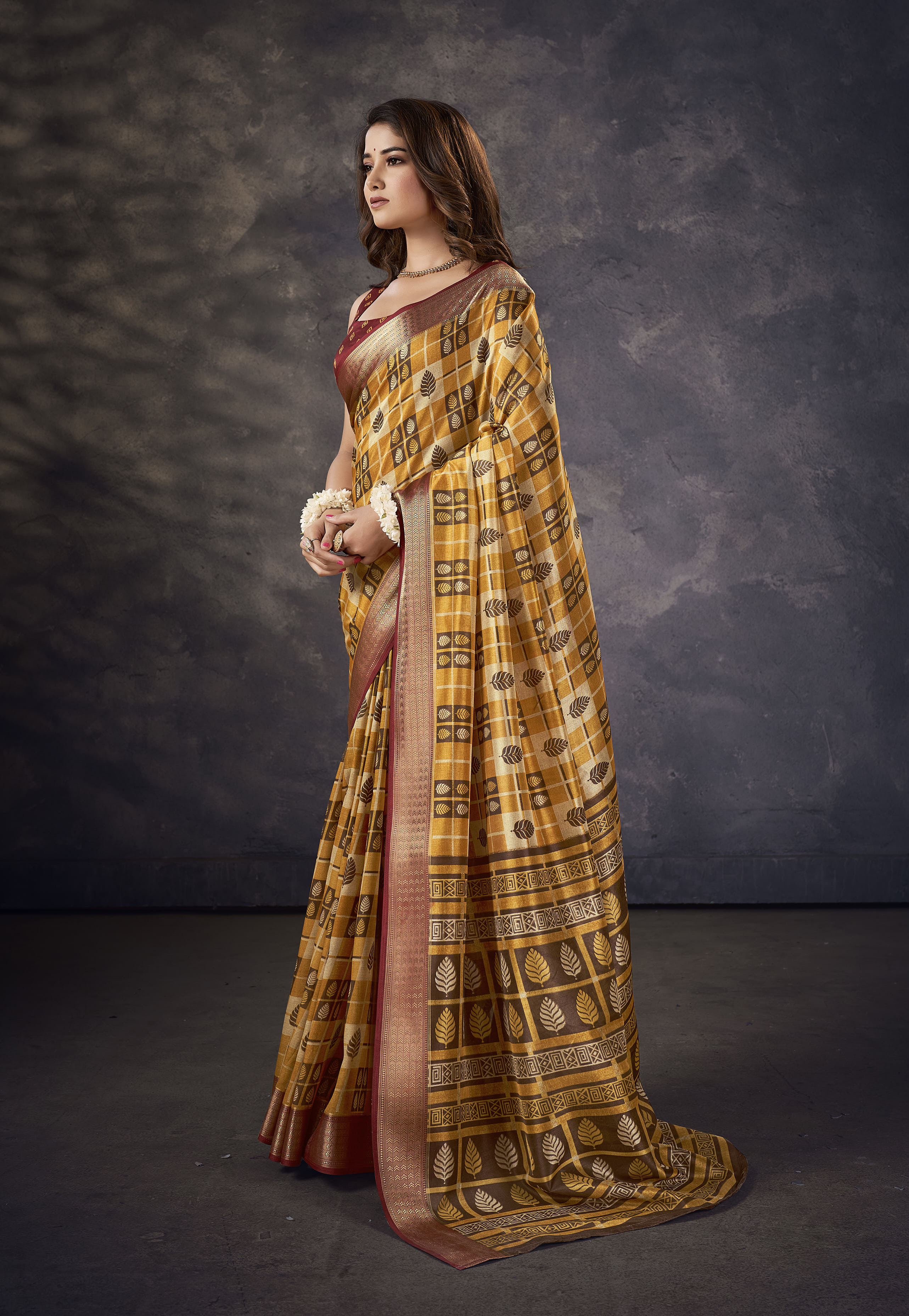 Mustard Kalamkari Silk Block Print Saree