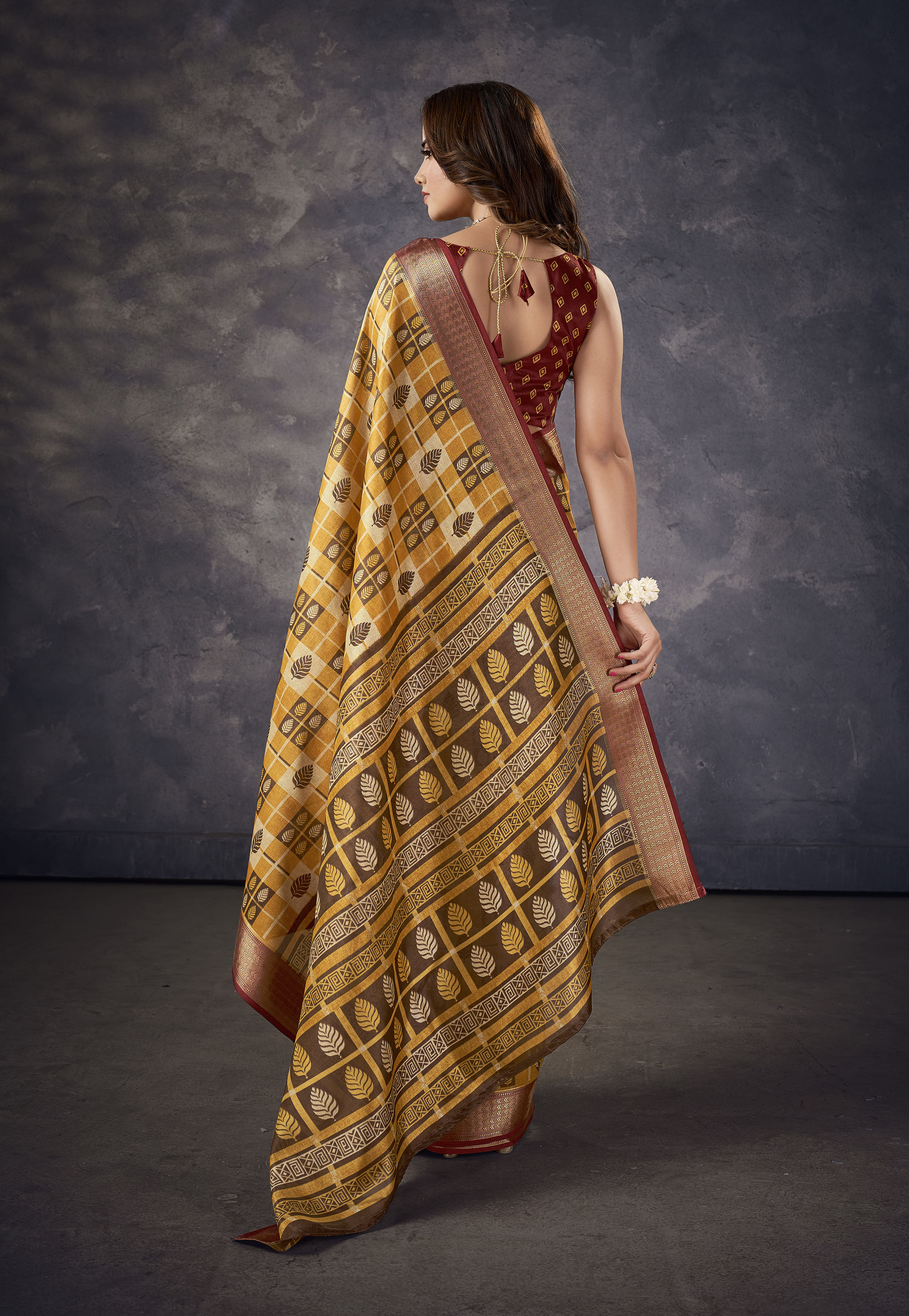 Mustard Kalamkari Silk Block Print Saree