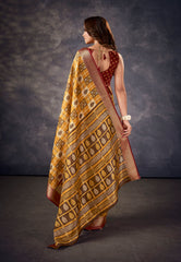 Mustard Kalamkari Silk Block Print Saree