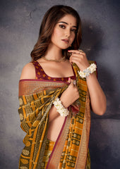 Mustard Kalamkari Silk Block Print Saree