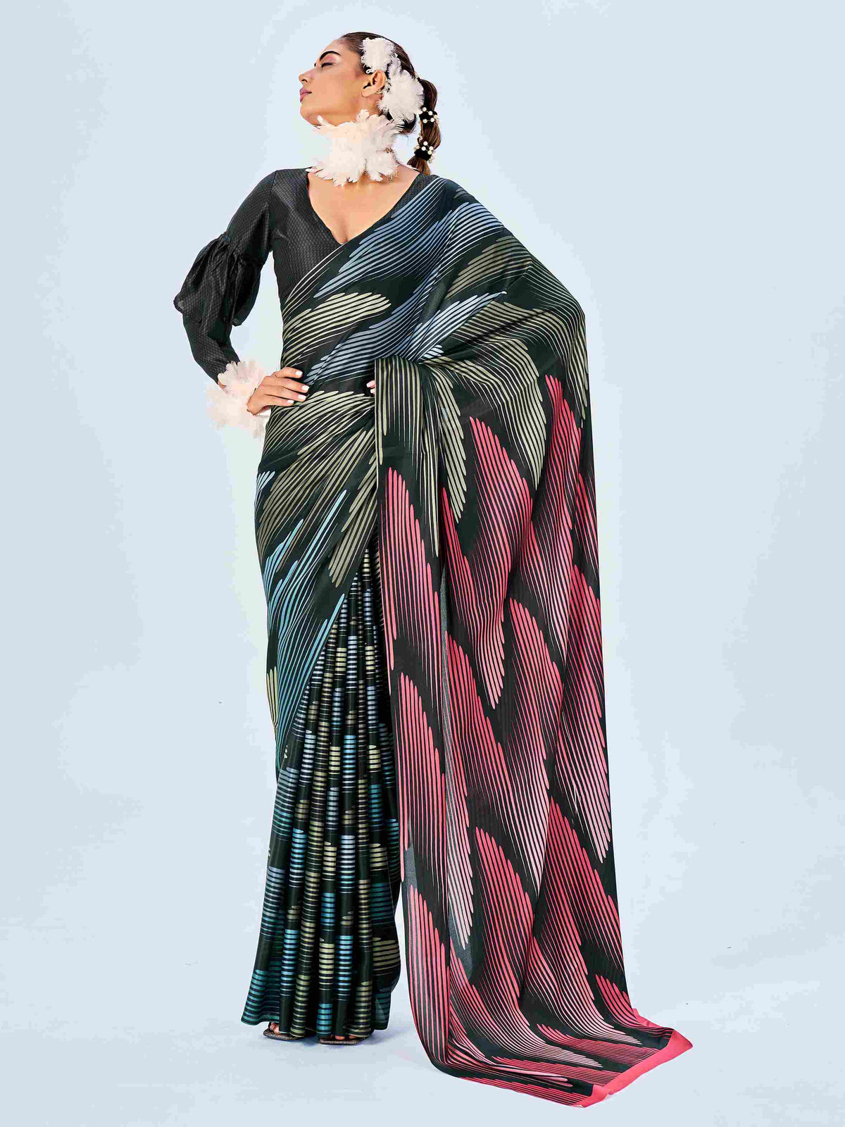 Black Satin Chevron Print Saree