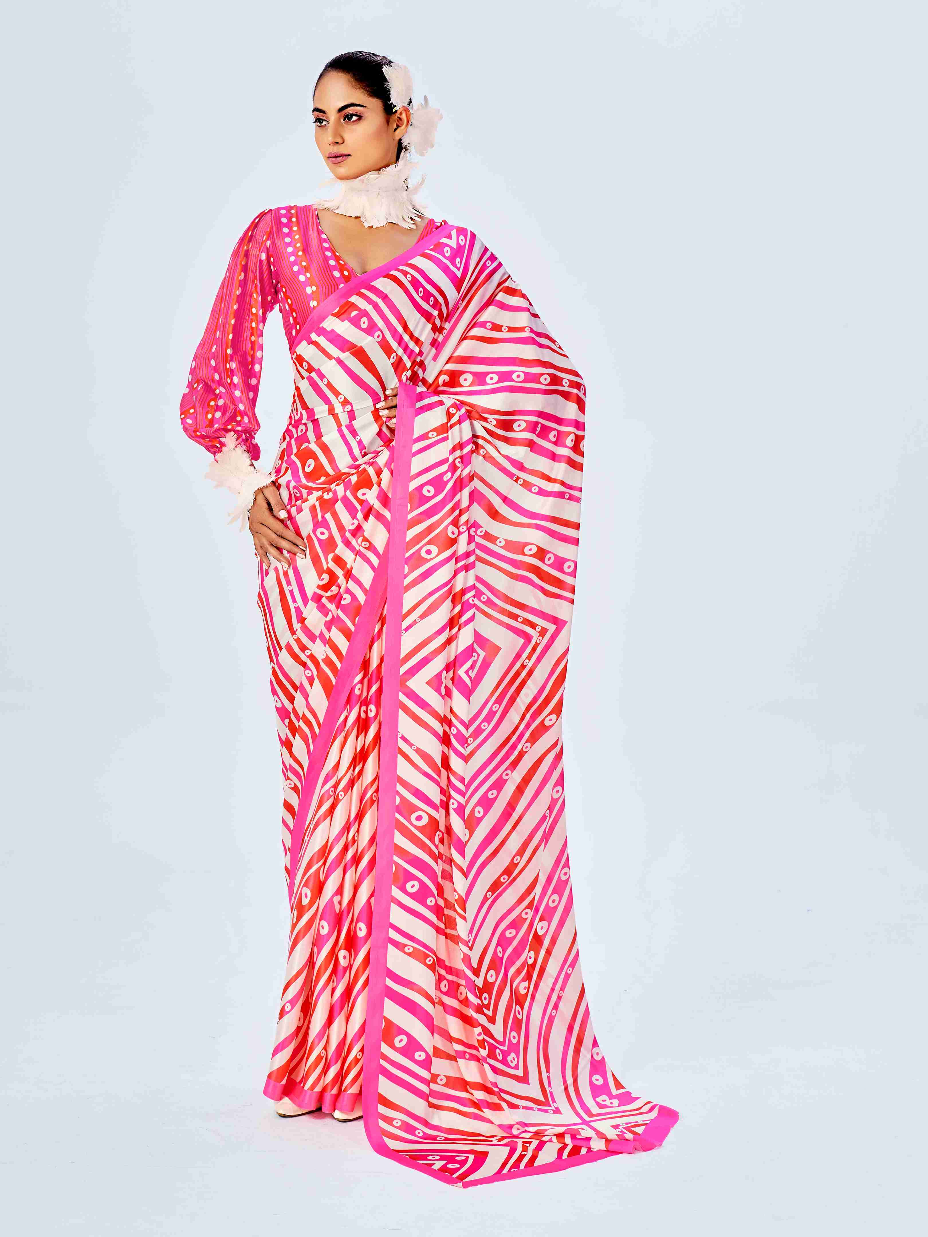 Pink Satin Chevron Print Saree