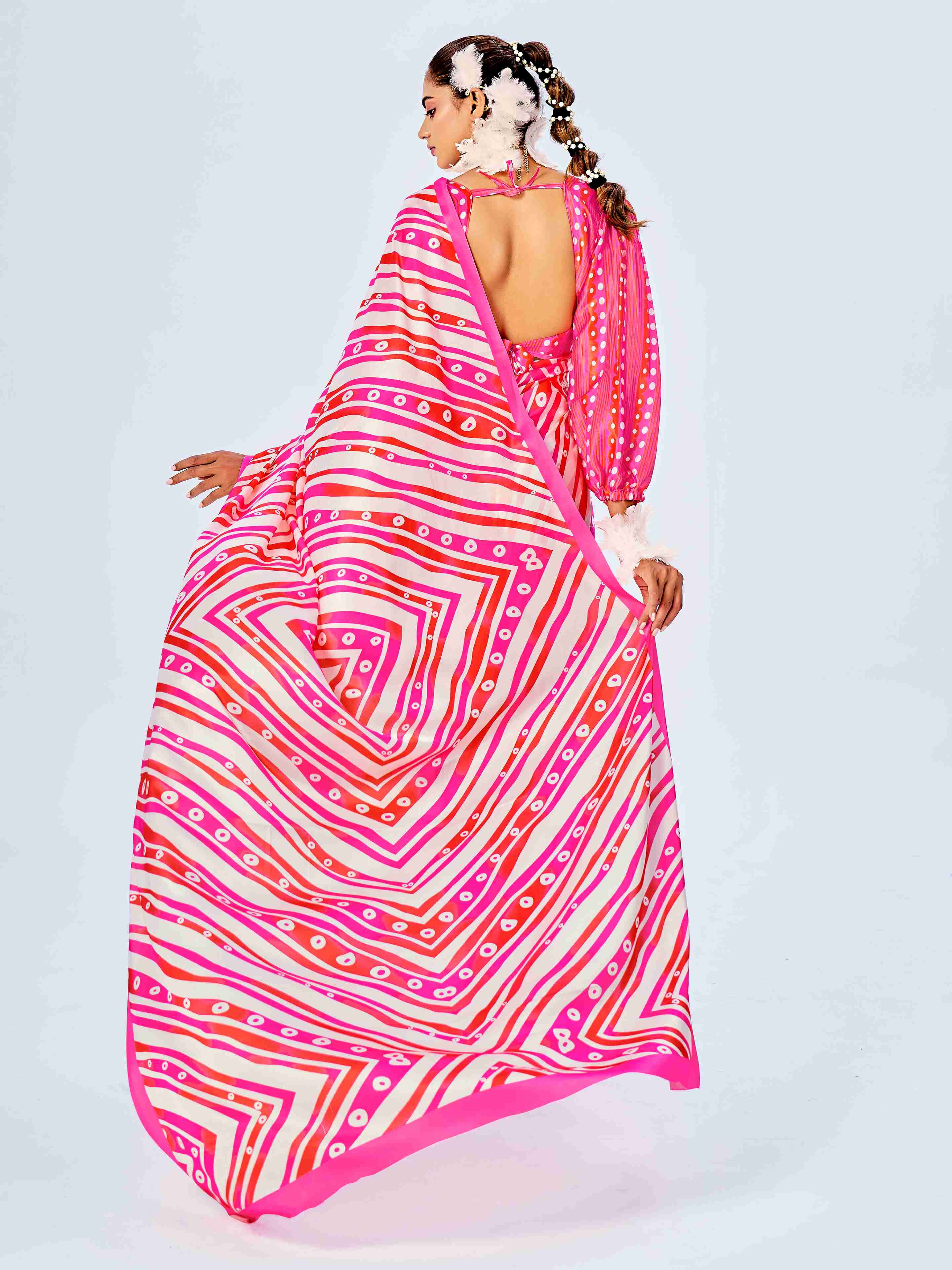 Pink Satin Chevron Print Saree