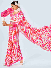 Pink Satin Chevron Print Saree