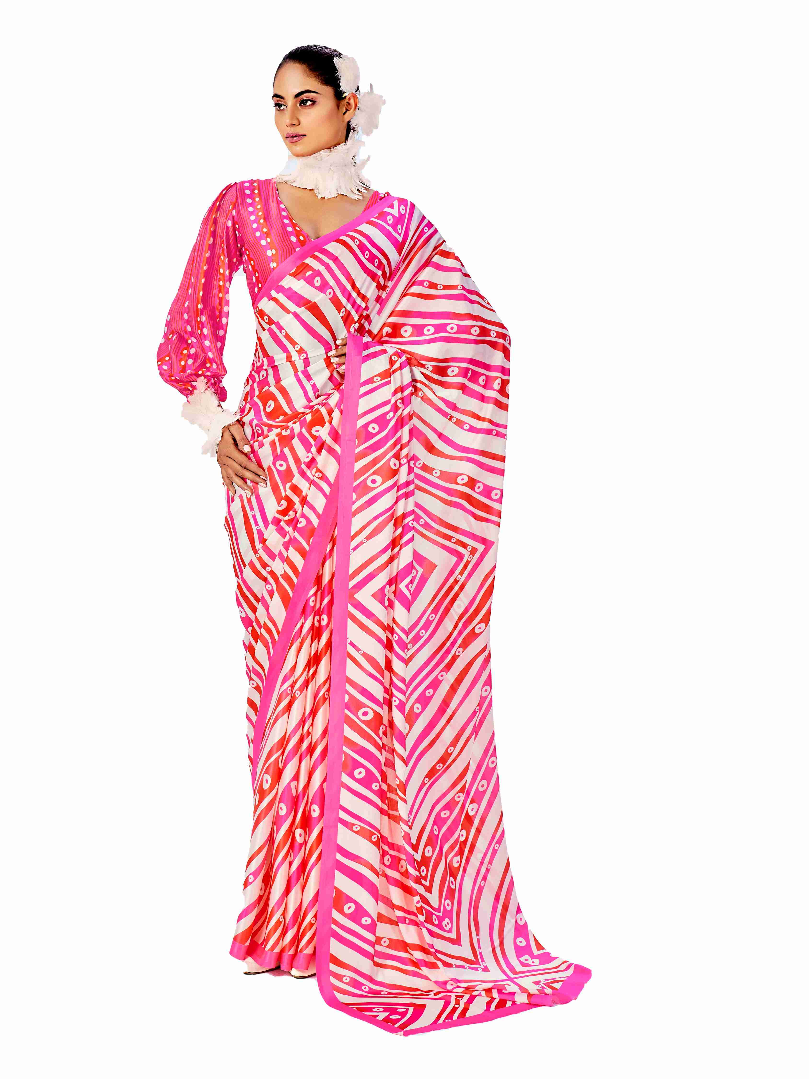 Pink Satin Chevron Print Saree