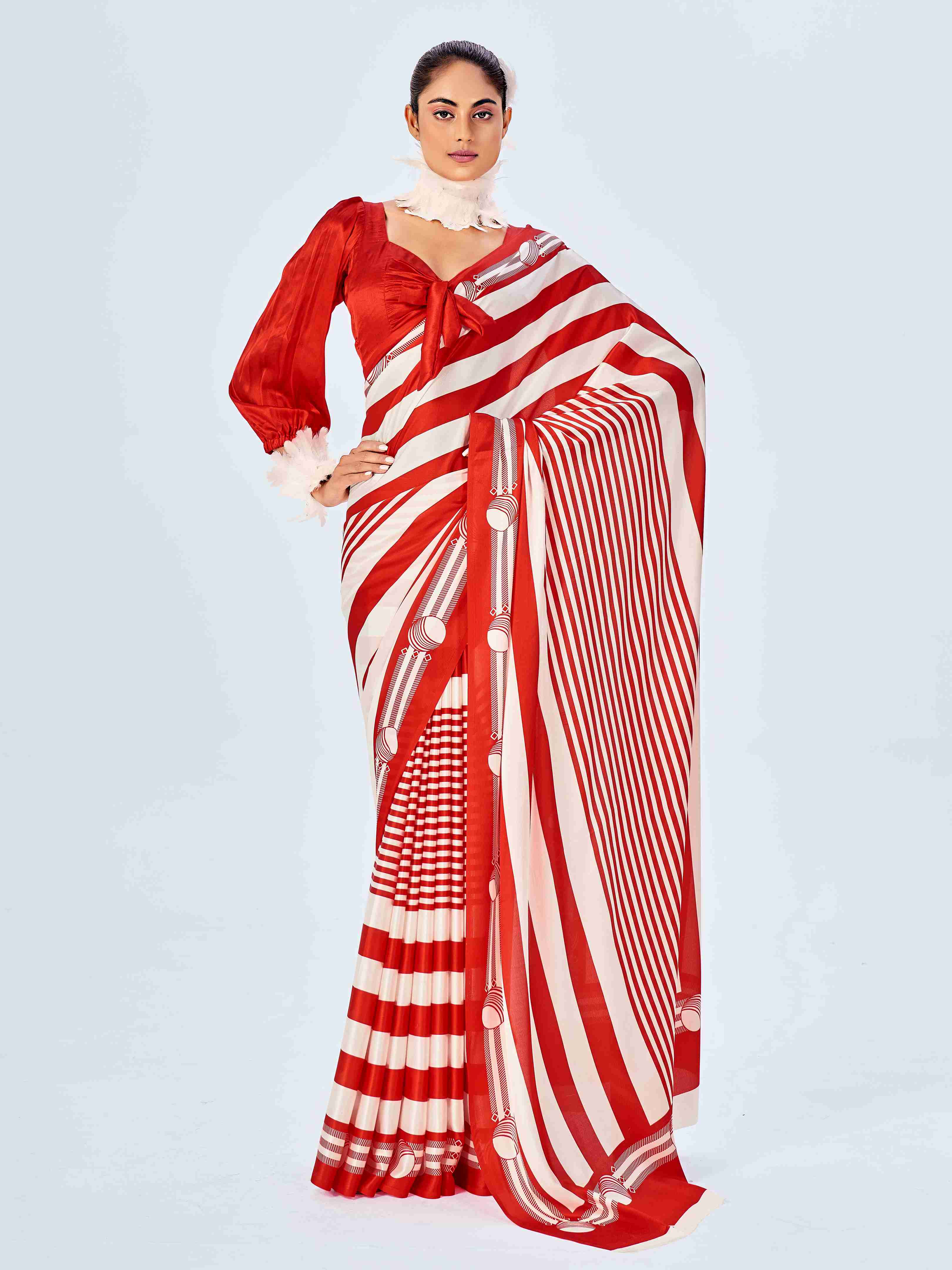 Red Satin Chevron Print Saree