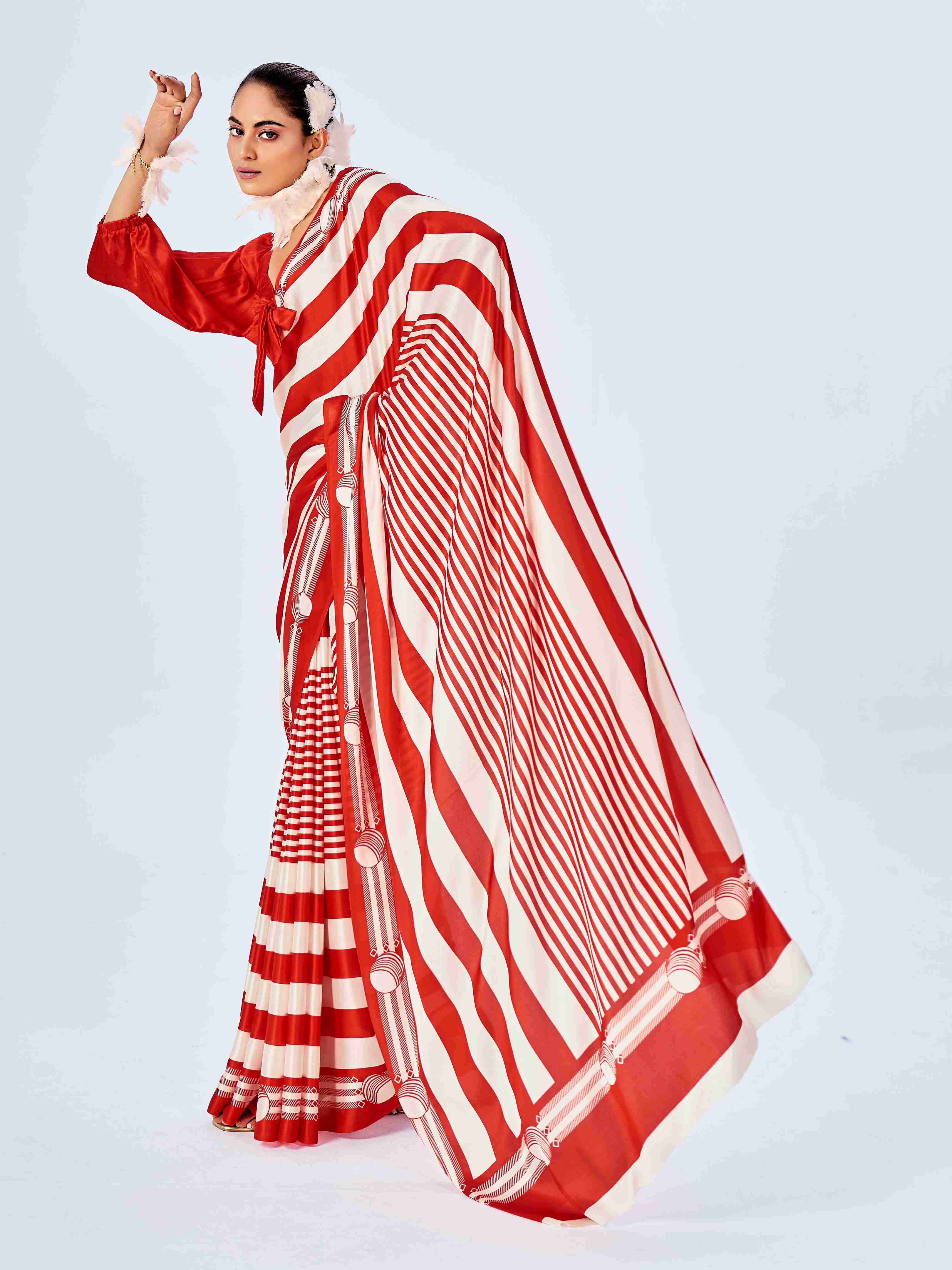 Red Satin Chevron Print Saree