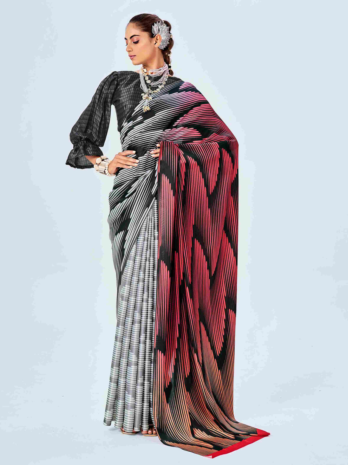 Grey Satin Chevron Print Saree