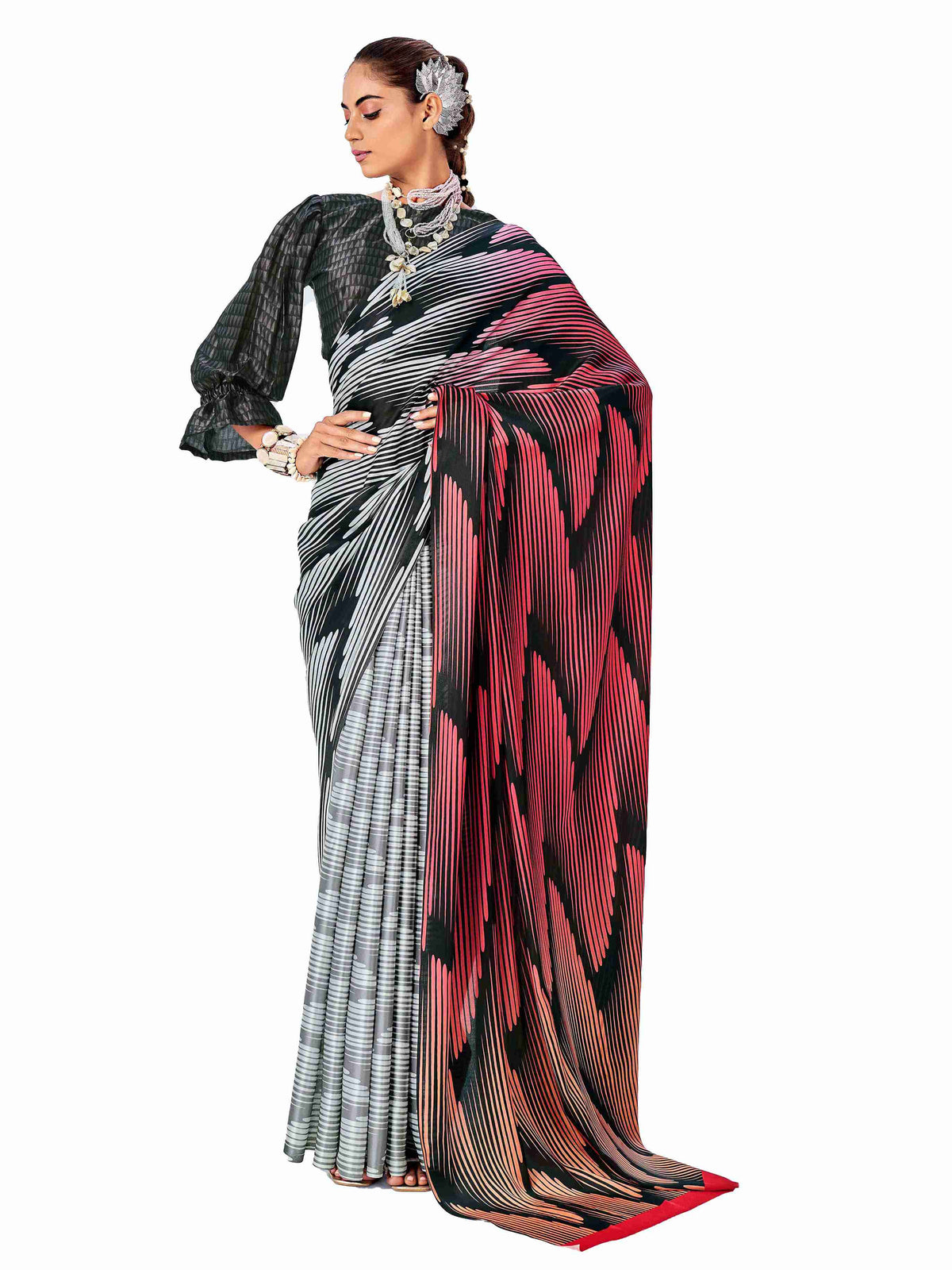 Grey Satin Chevron Print Saree