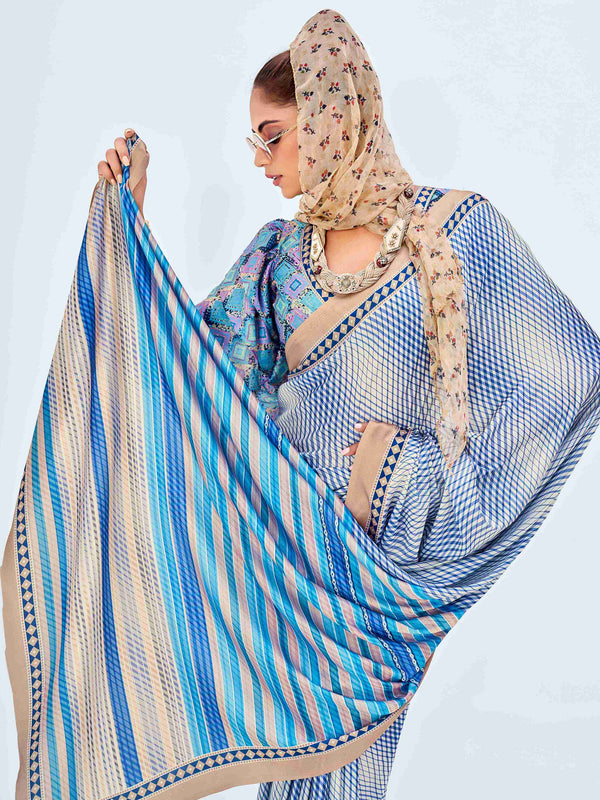 Blue Satin Stripe Print Saree with Unstitched Blouse