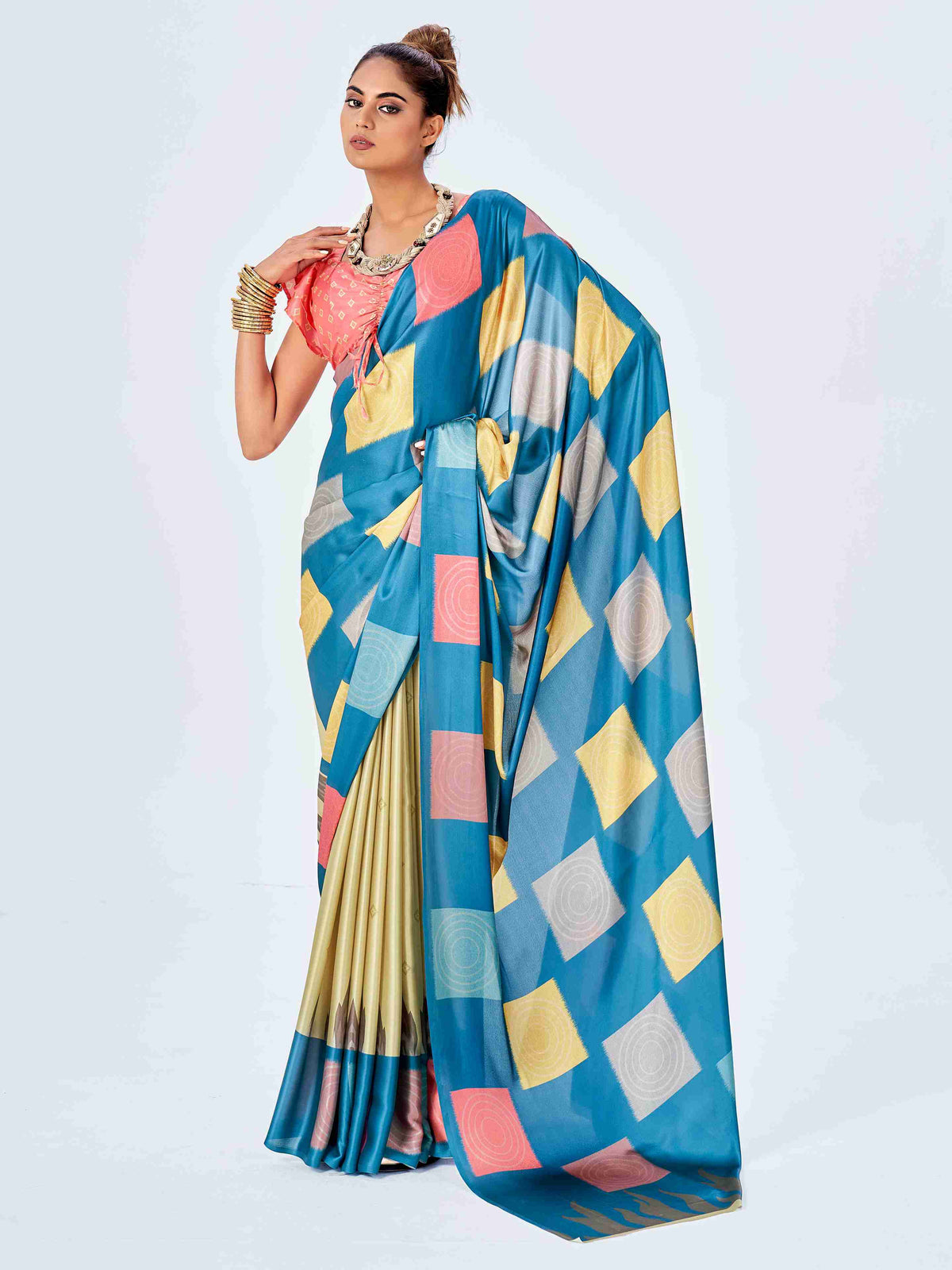 Pastel Blue Satin Block Print Saree