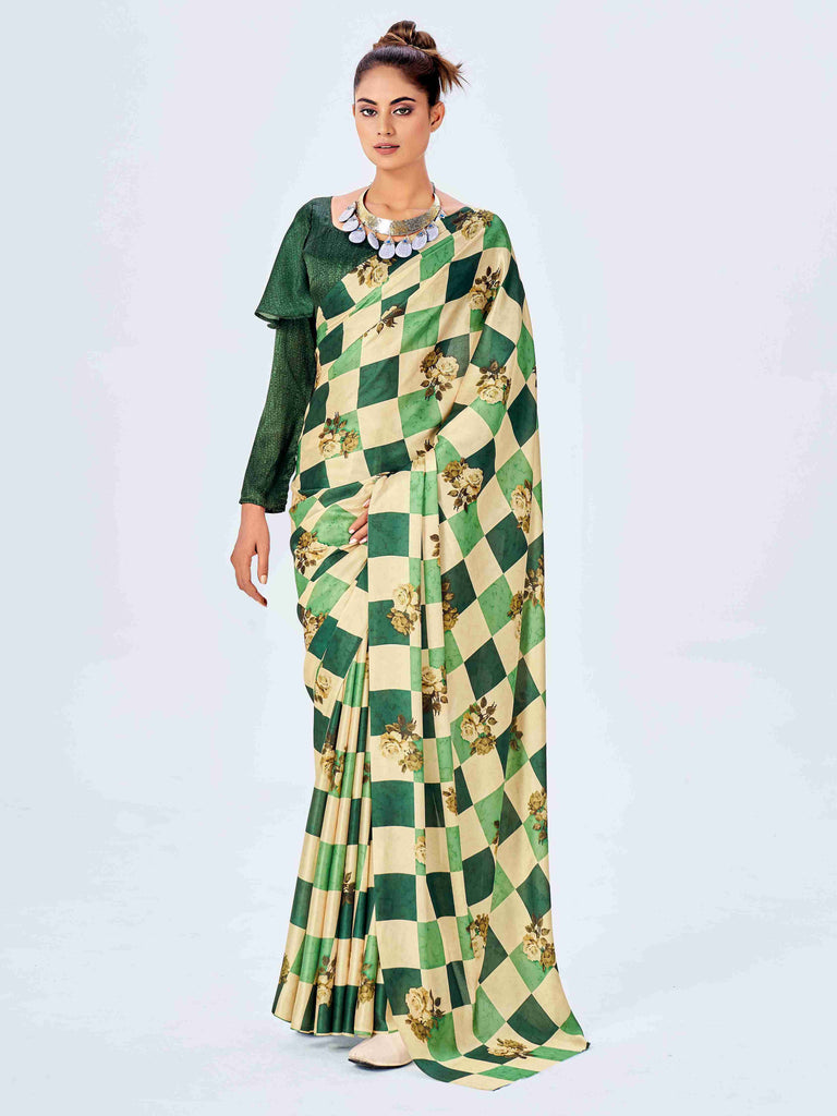 Green Satin Floral Print Saree with Unstitched Blouse