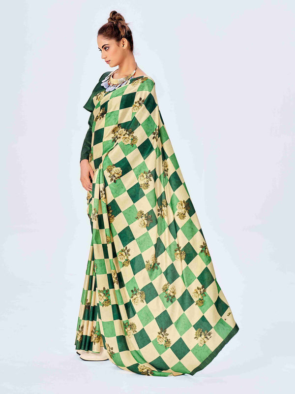 Green Satin Floral Print Saree with Unstitched Blouse