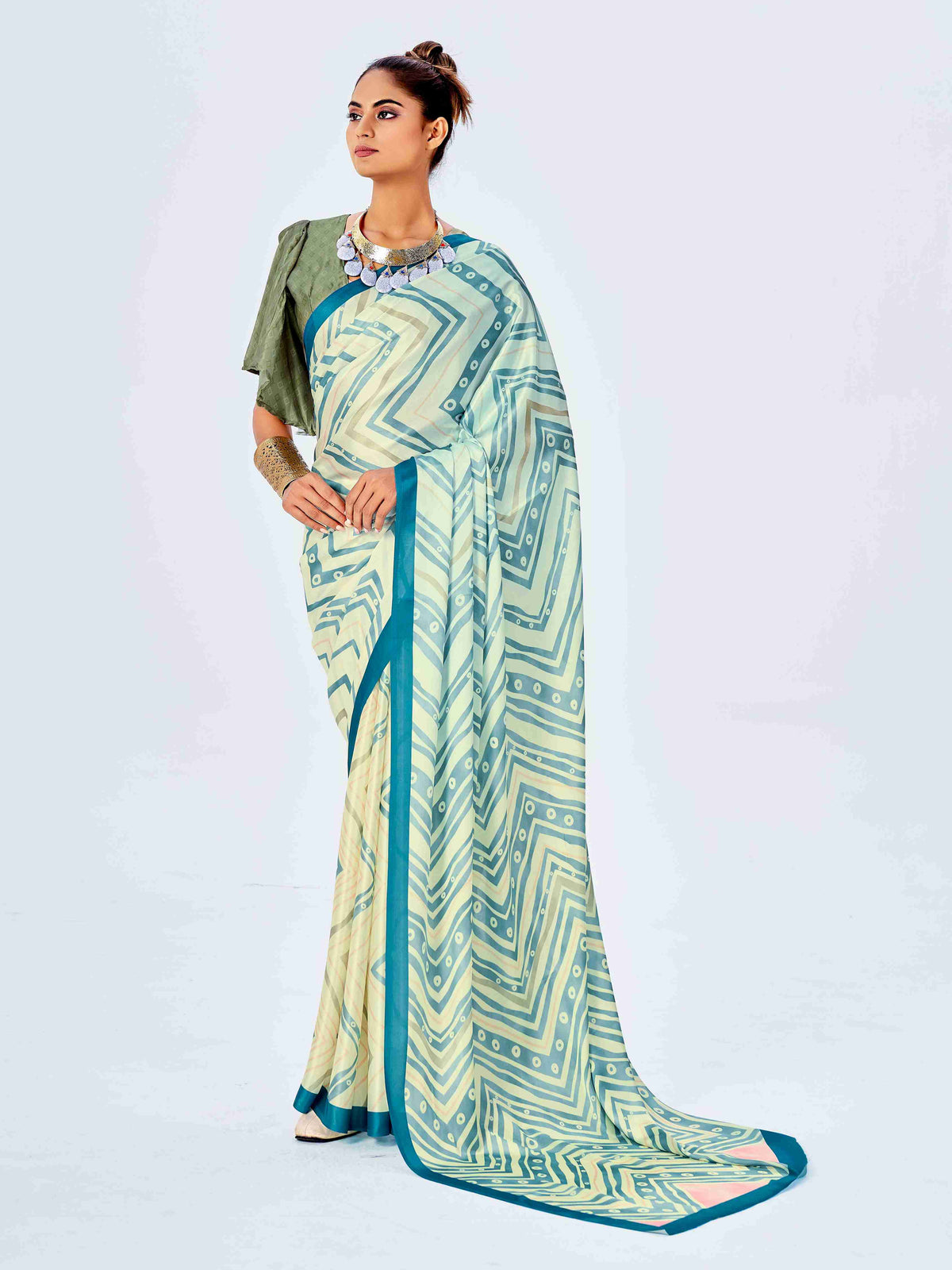 Blue Satin Chevron Print Saree with Unstitched Blouse