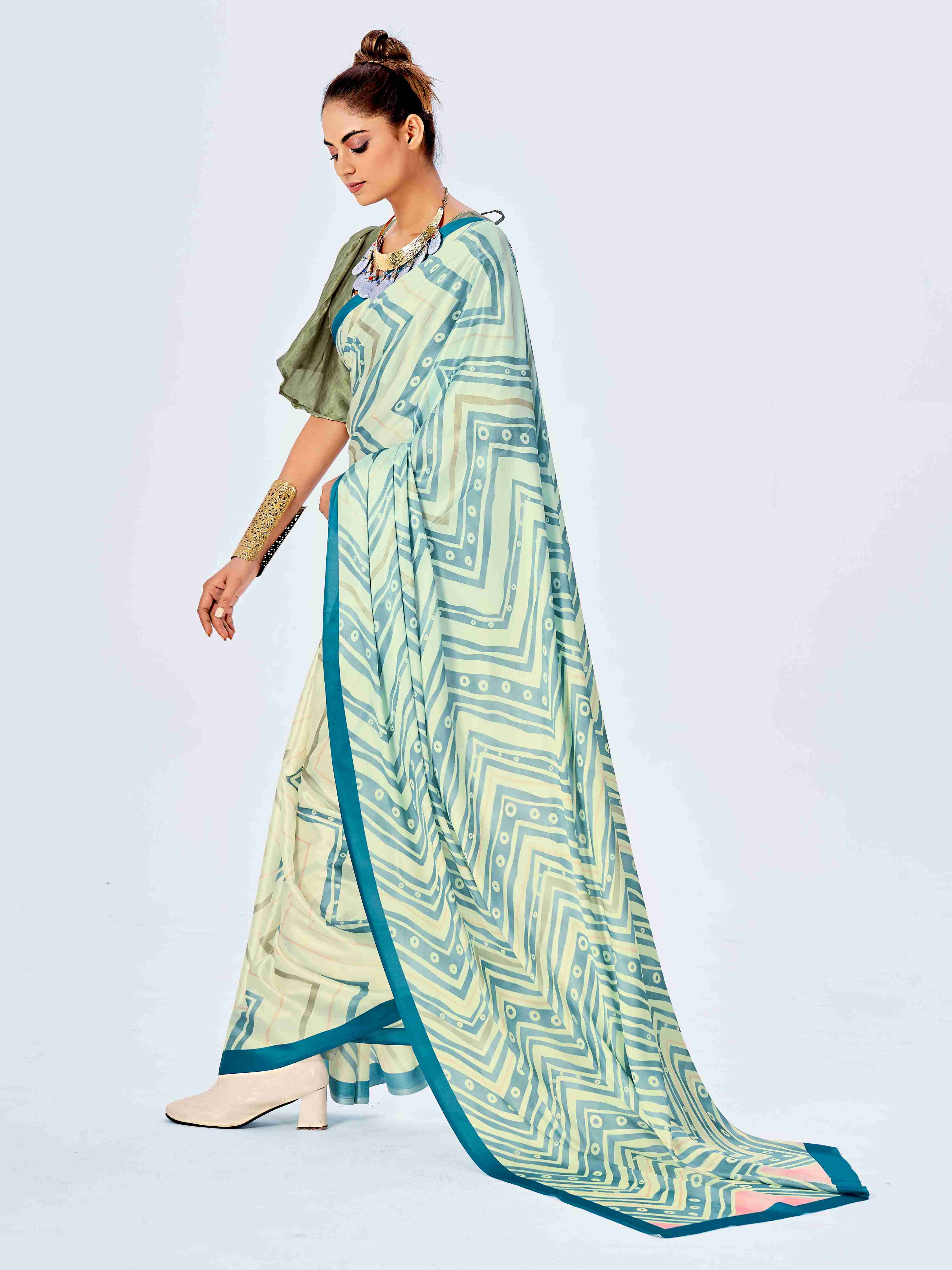 Blue Satin Chevron Print Saree with Unstitched Blouse