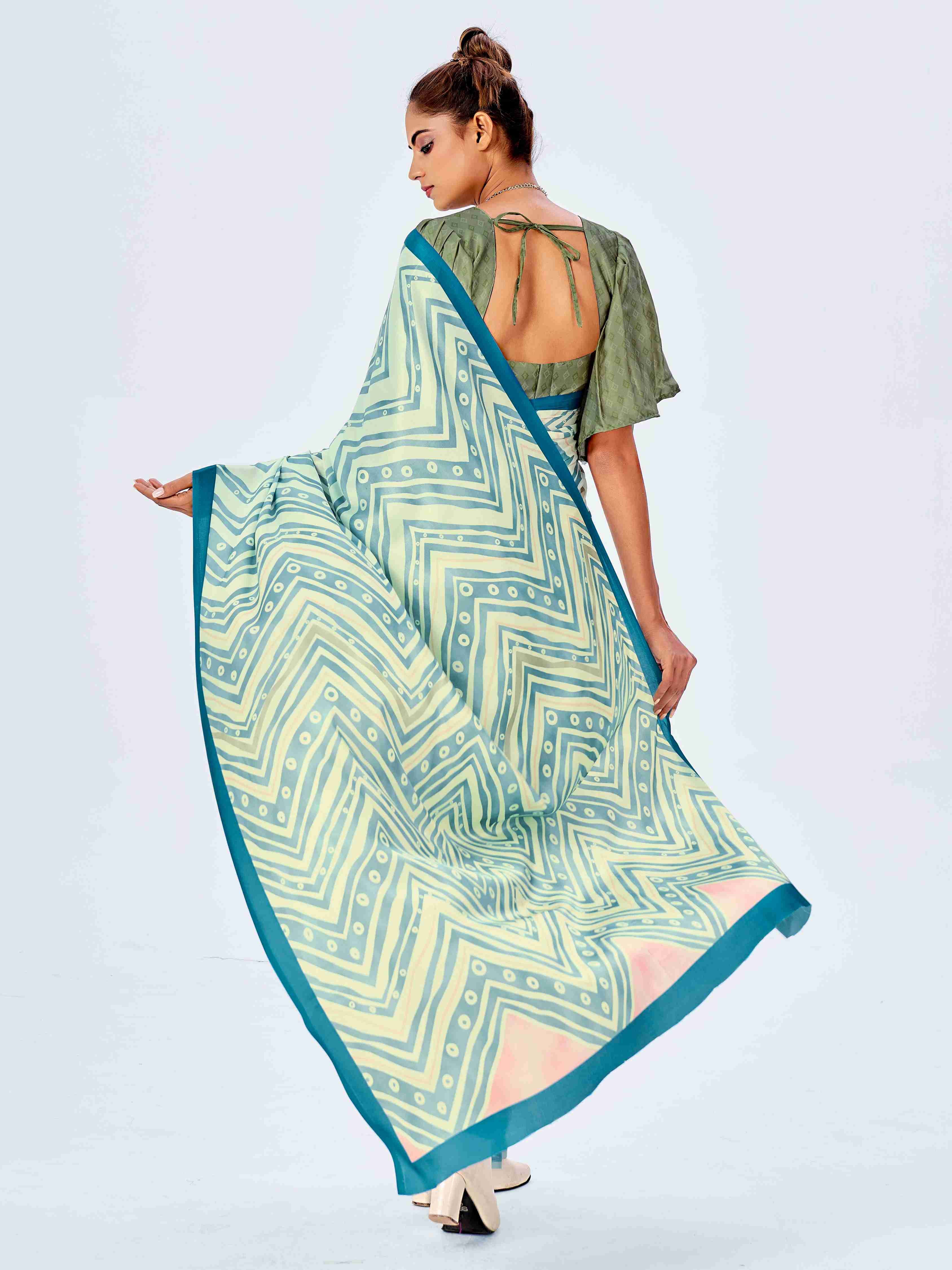 Blue Satin Chevron Print Saree with Unstitched Blouse