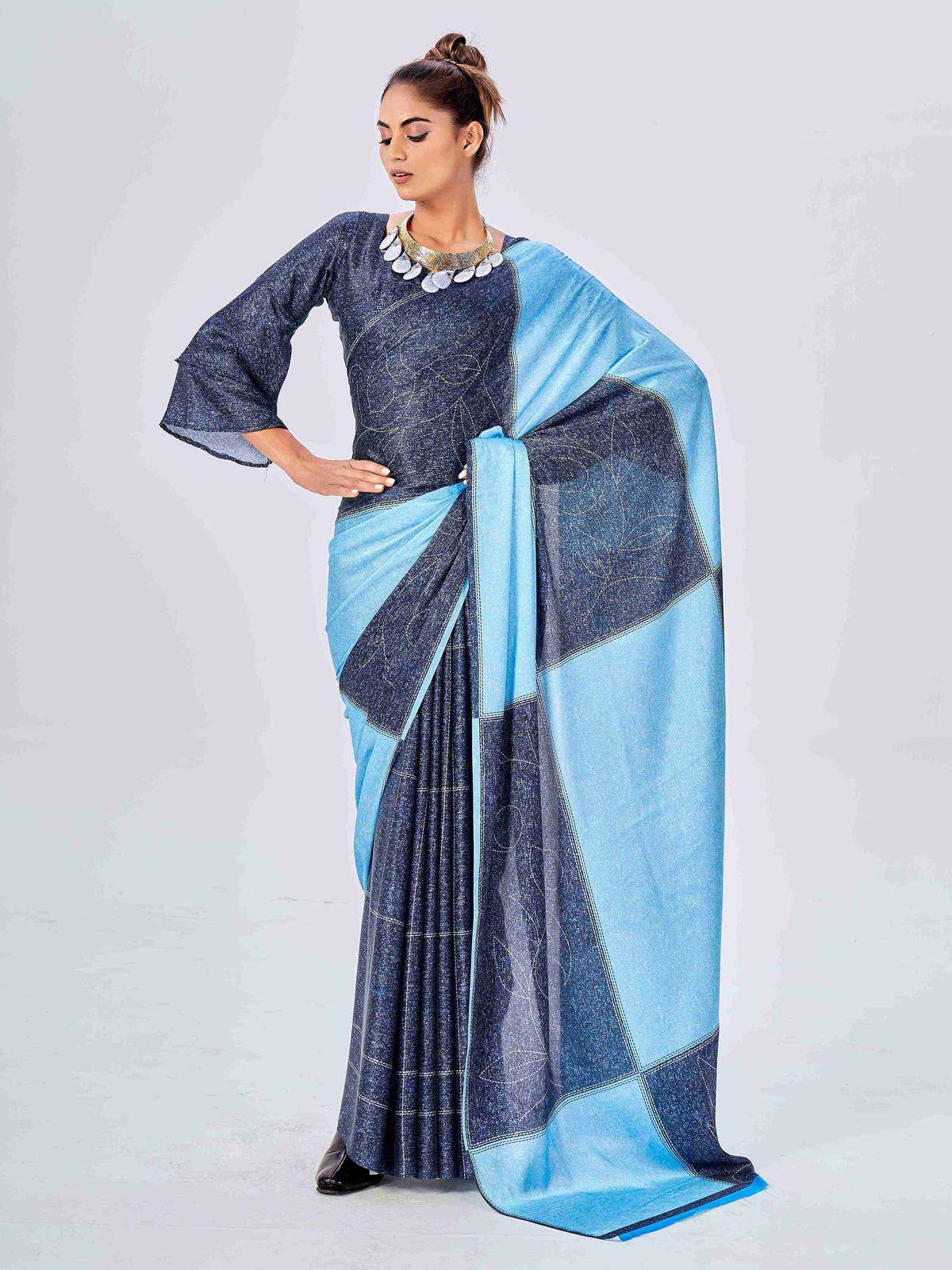 Denim Blue Satin Texture Print Saree