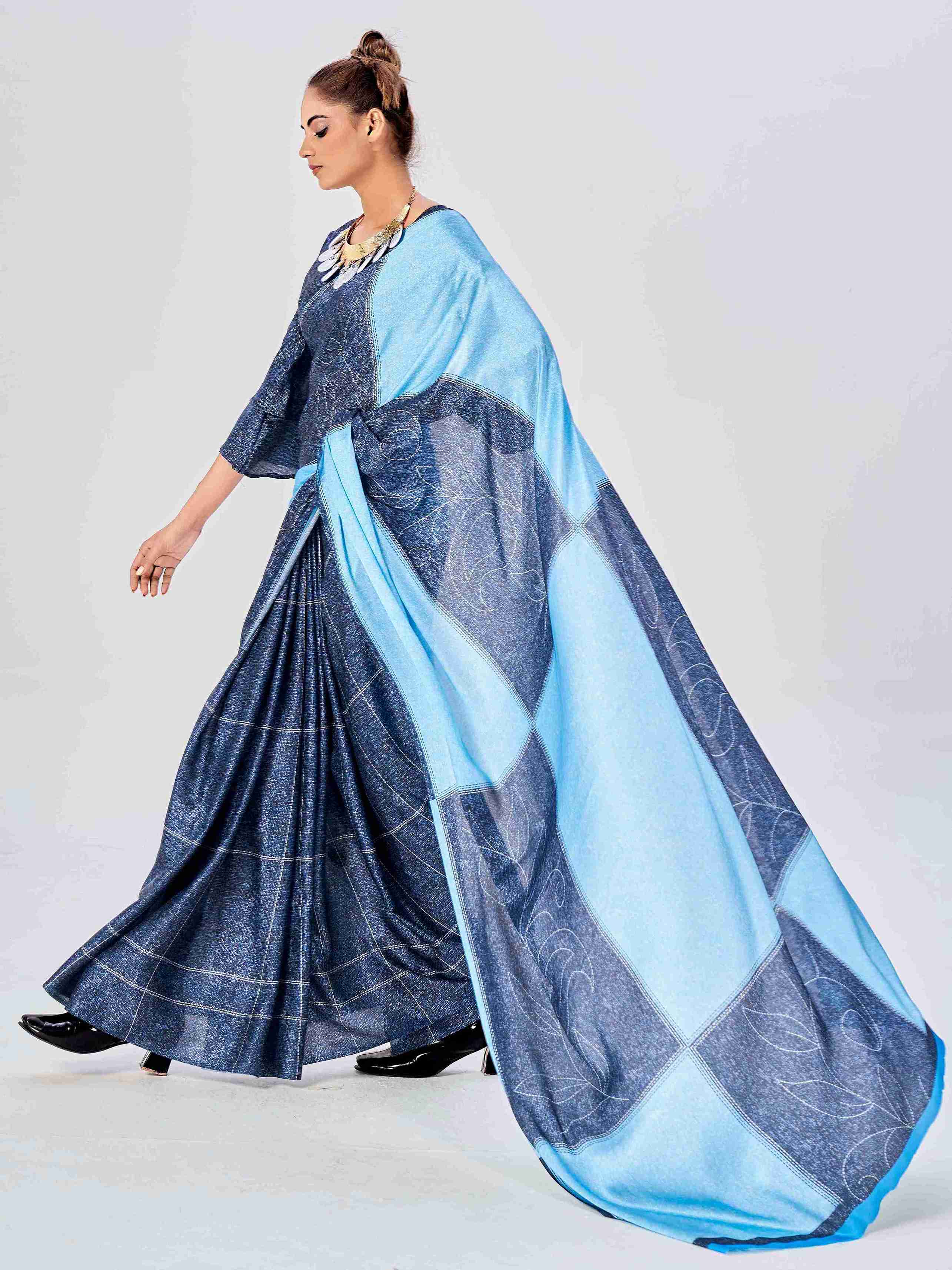 Denim Blue Satin Texture Print Saree