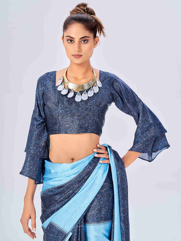 Denim Blue Satin Texture Print Saree with Unstitched Blouse