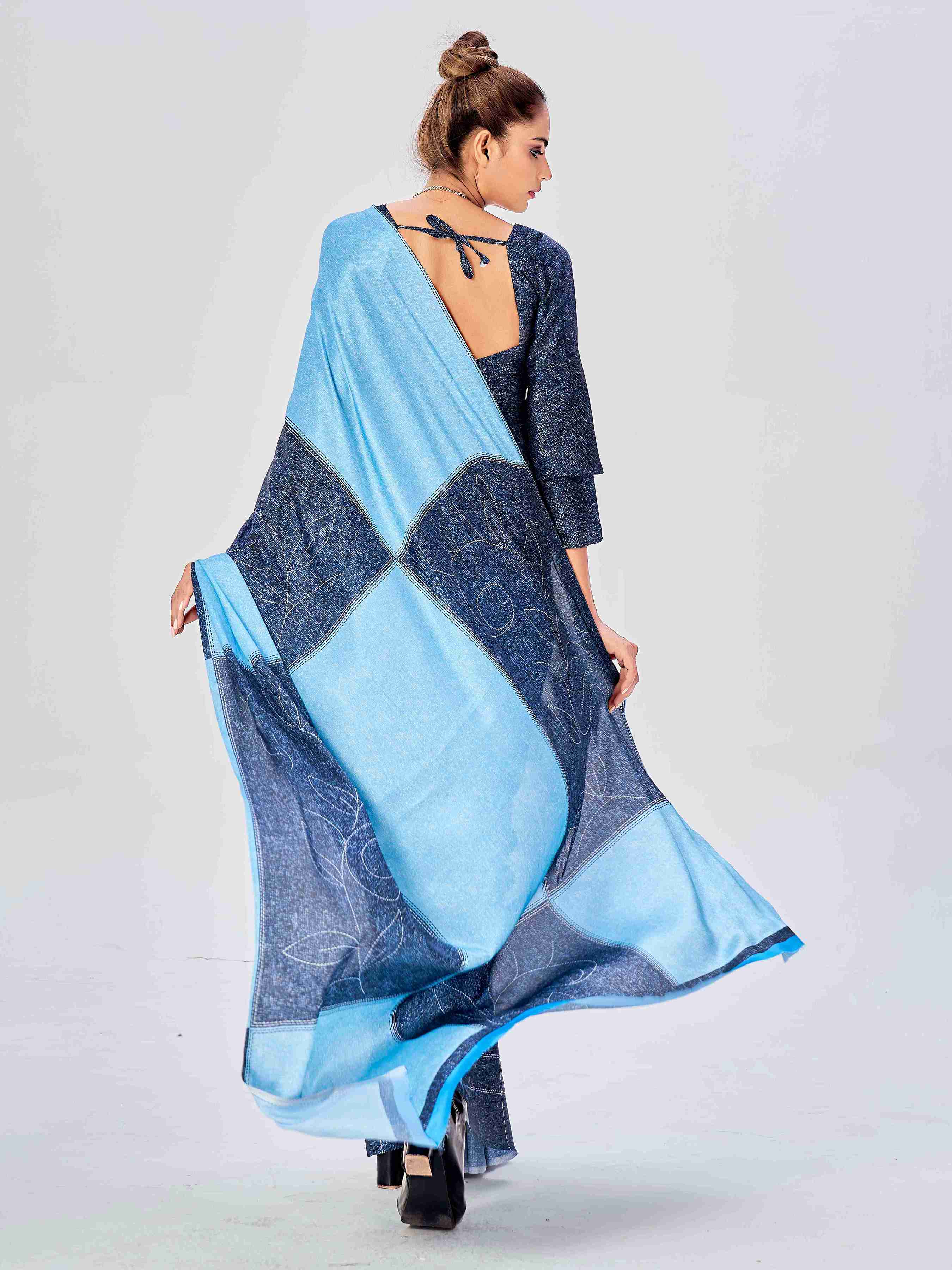 Denim Blue Satin Texture Print Saree