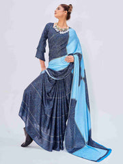 Denim Blue Satin Texture Print Saree