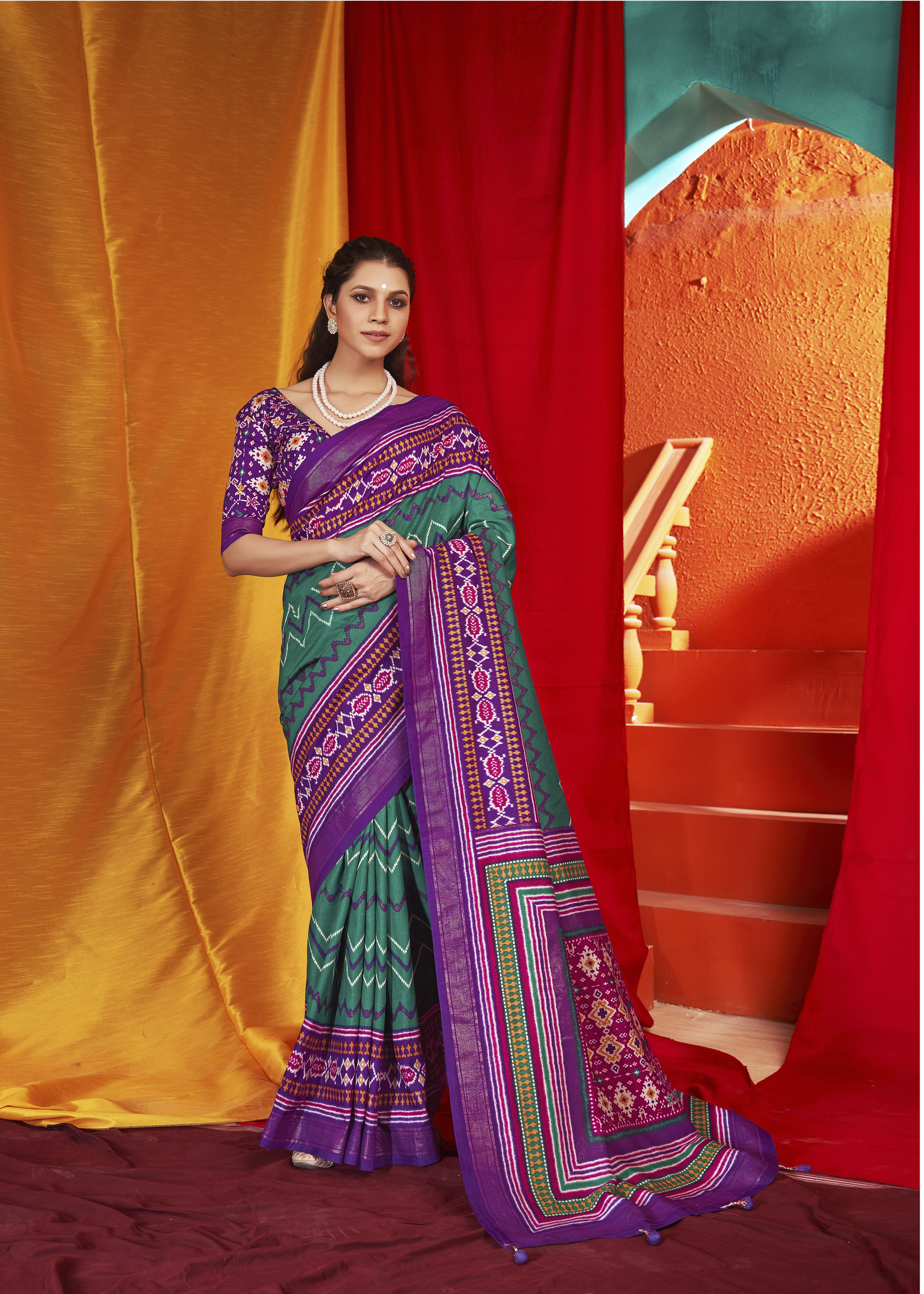 Wine Velvet Tusser silk Patola Printed Saree