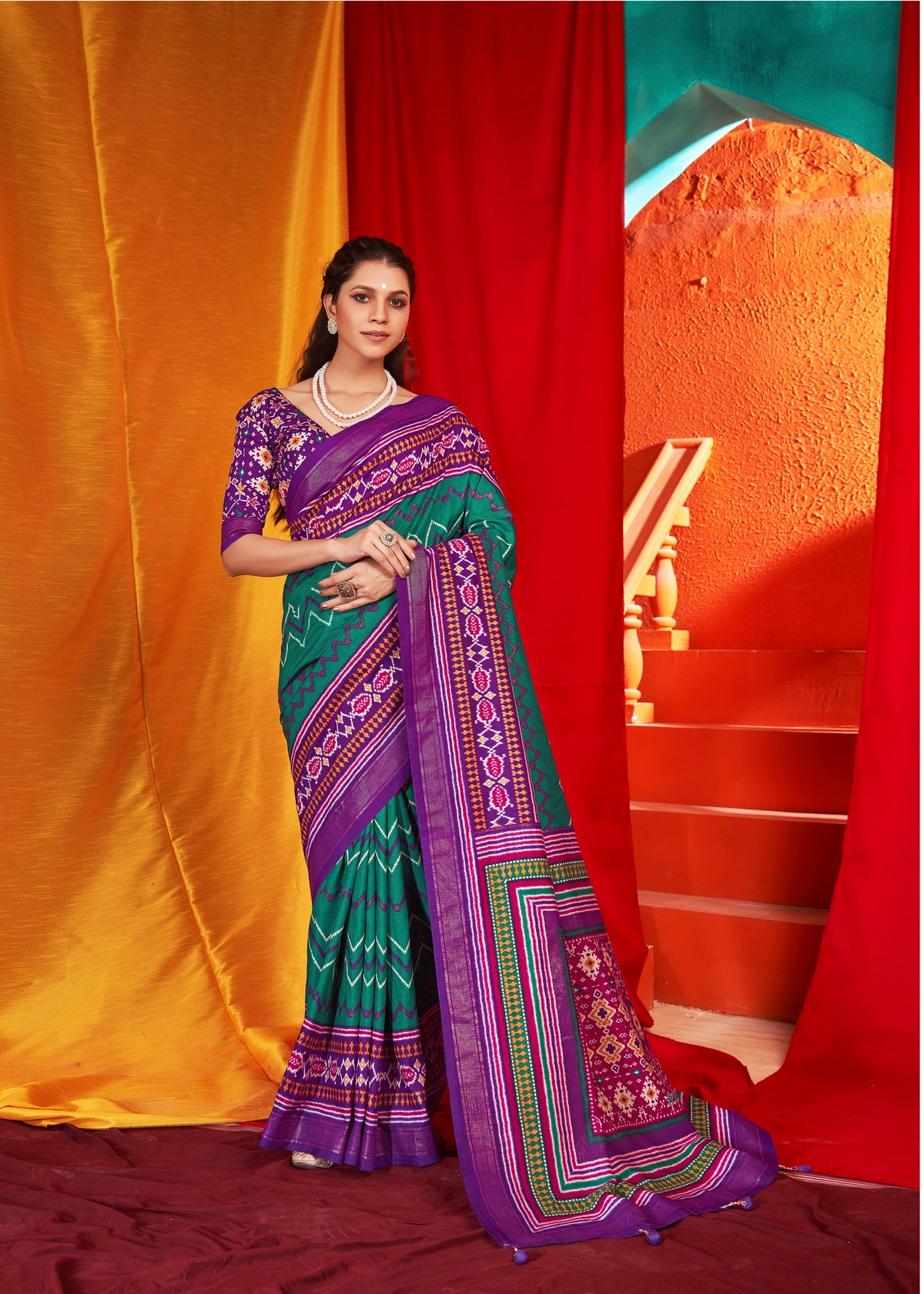 Wine Velvet Tusser silk Patola Printed Saree