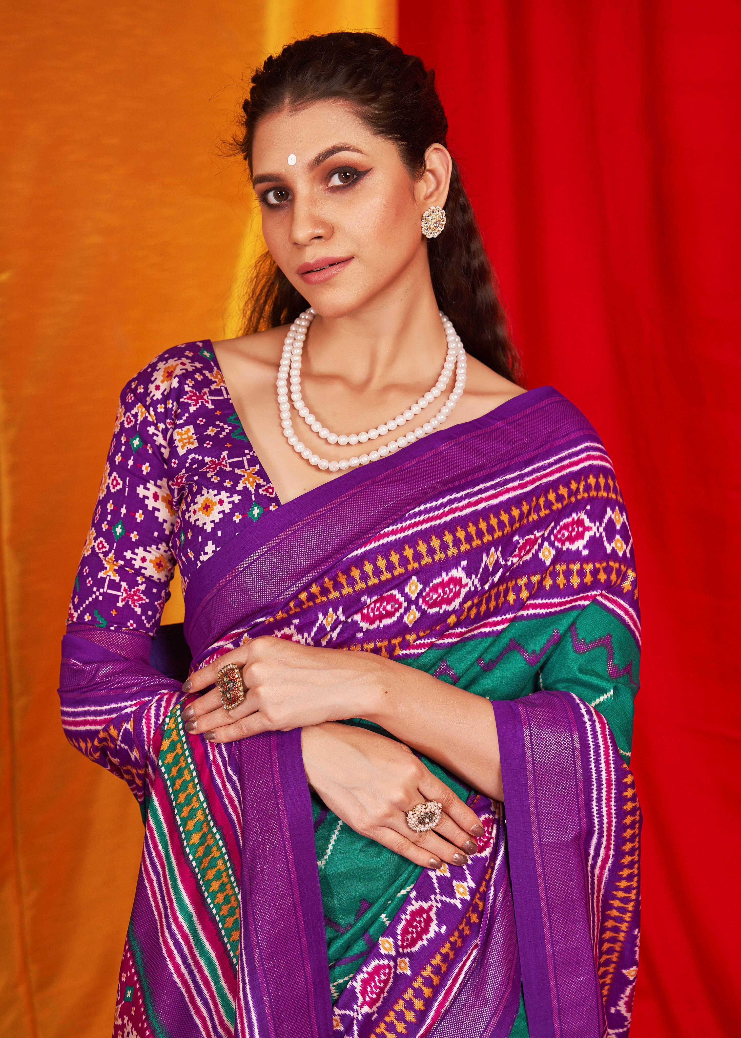 Wine Velvet Tusser silk Patola Printed Saree