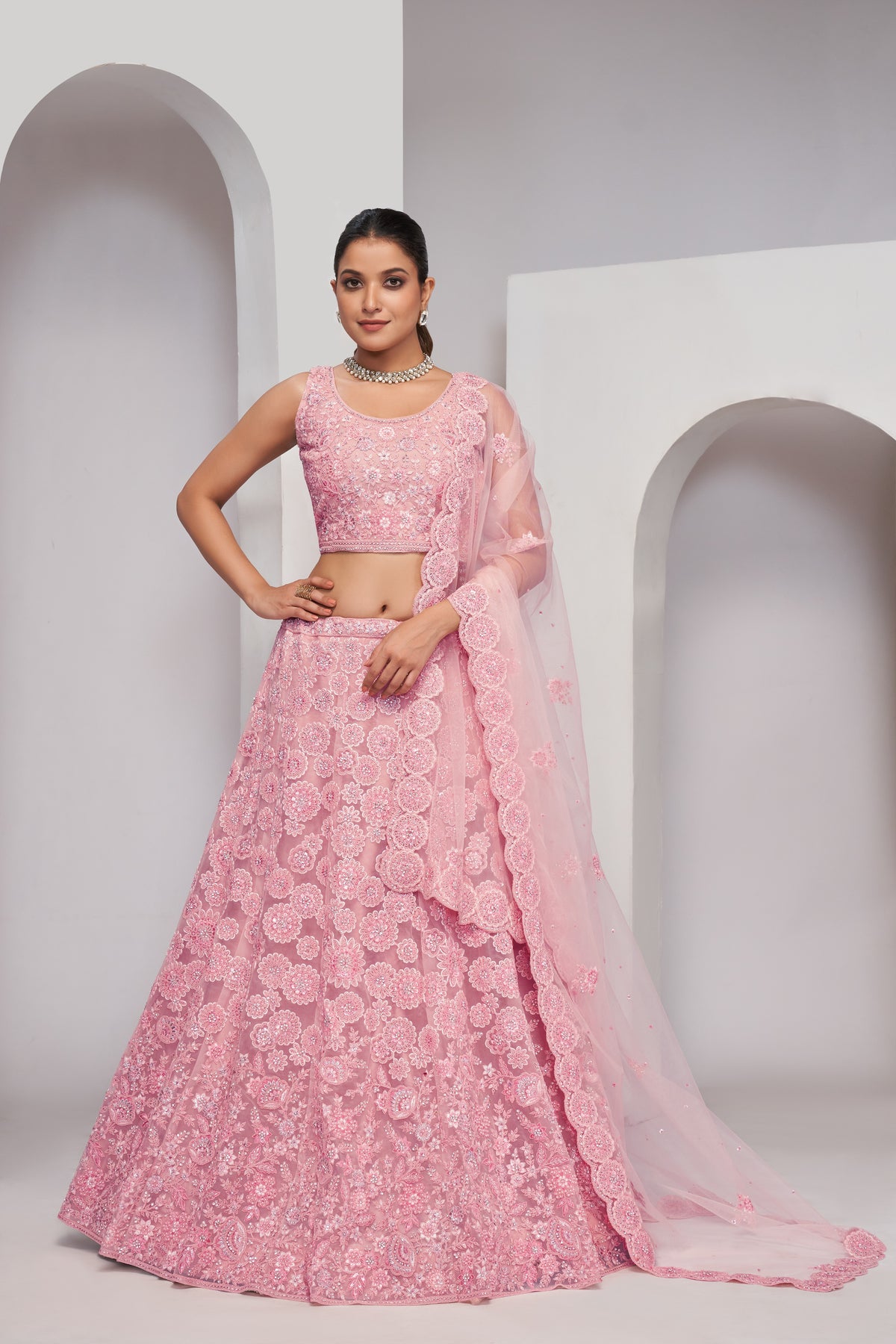 Pink Net Thread Embroidered Lehenga Choli