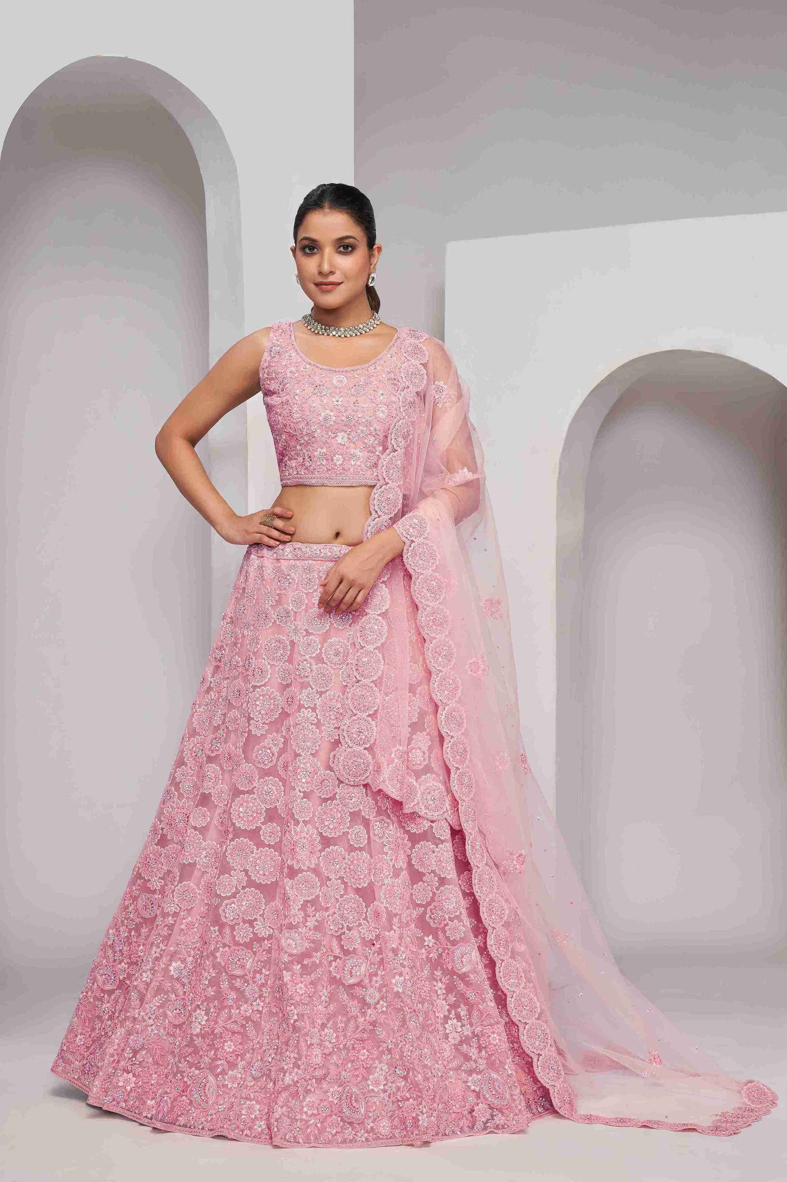 Pink Net Thread Embroidered Lehenga Choli