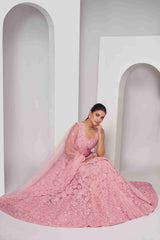 Pink Net Thread Embroidered Lehenga Choli