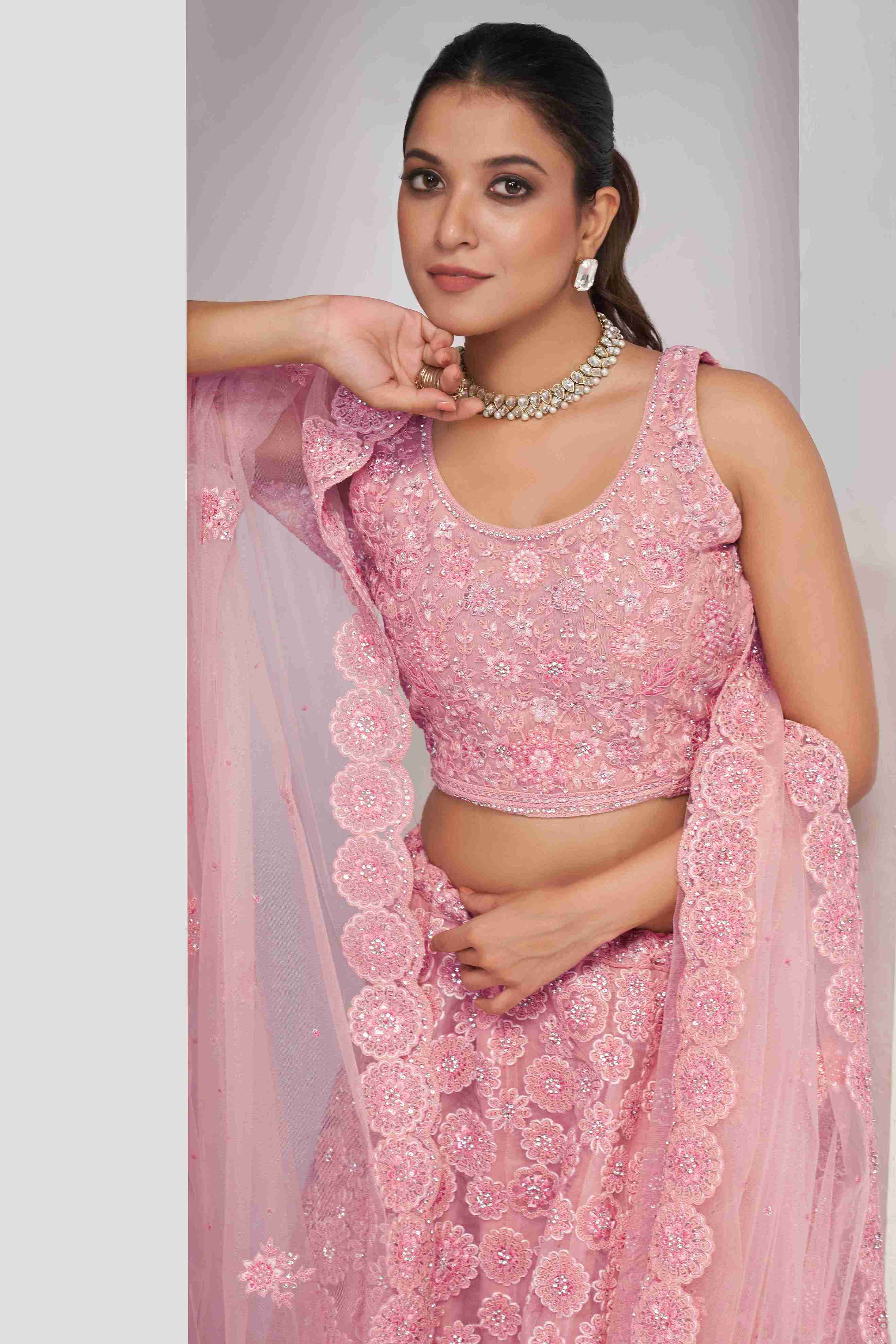 Pink Net Thread Embroidered Lehenga Choli