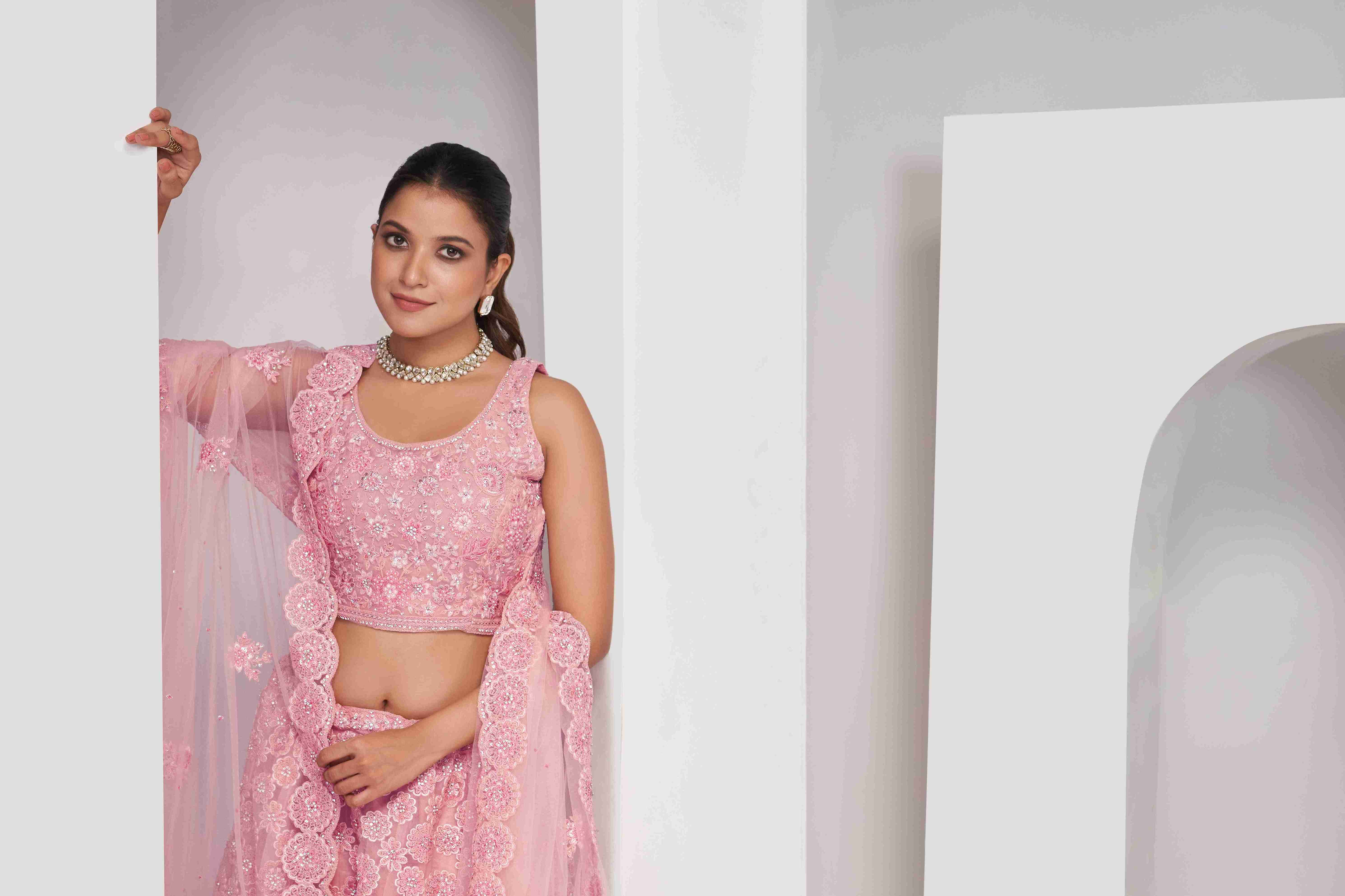 Pink Net Thread Embroidered Lehenga Choli