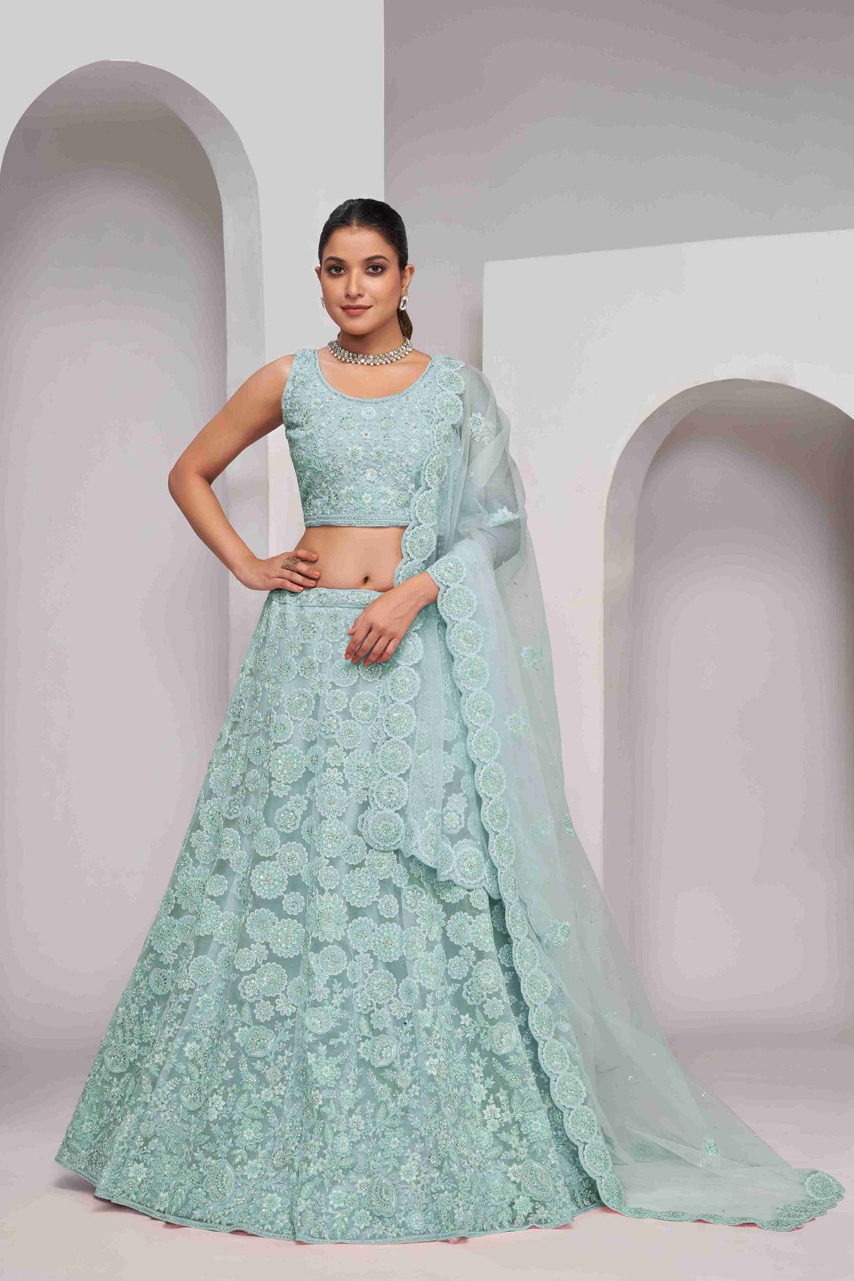 Sky Blue Net Thread Embroidered Lehenga Choli