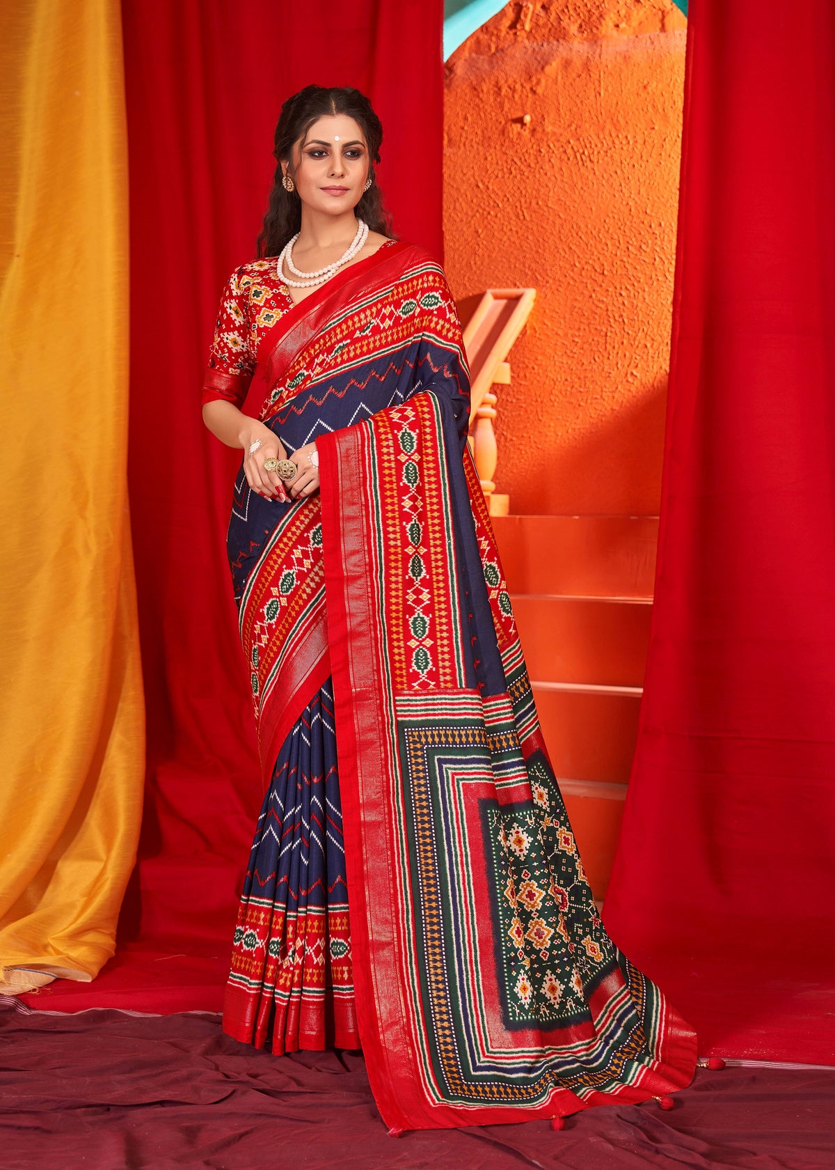 Red Velvet Tusser silk Patola Printed Saree