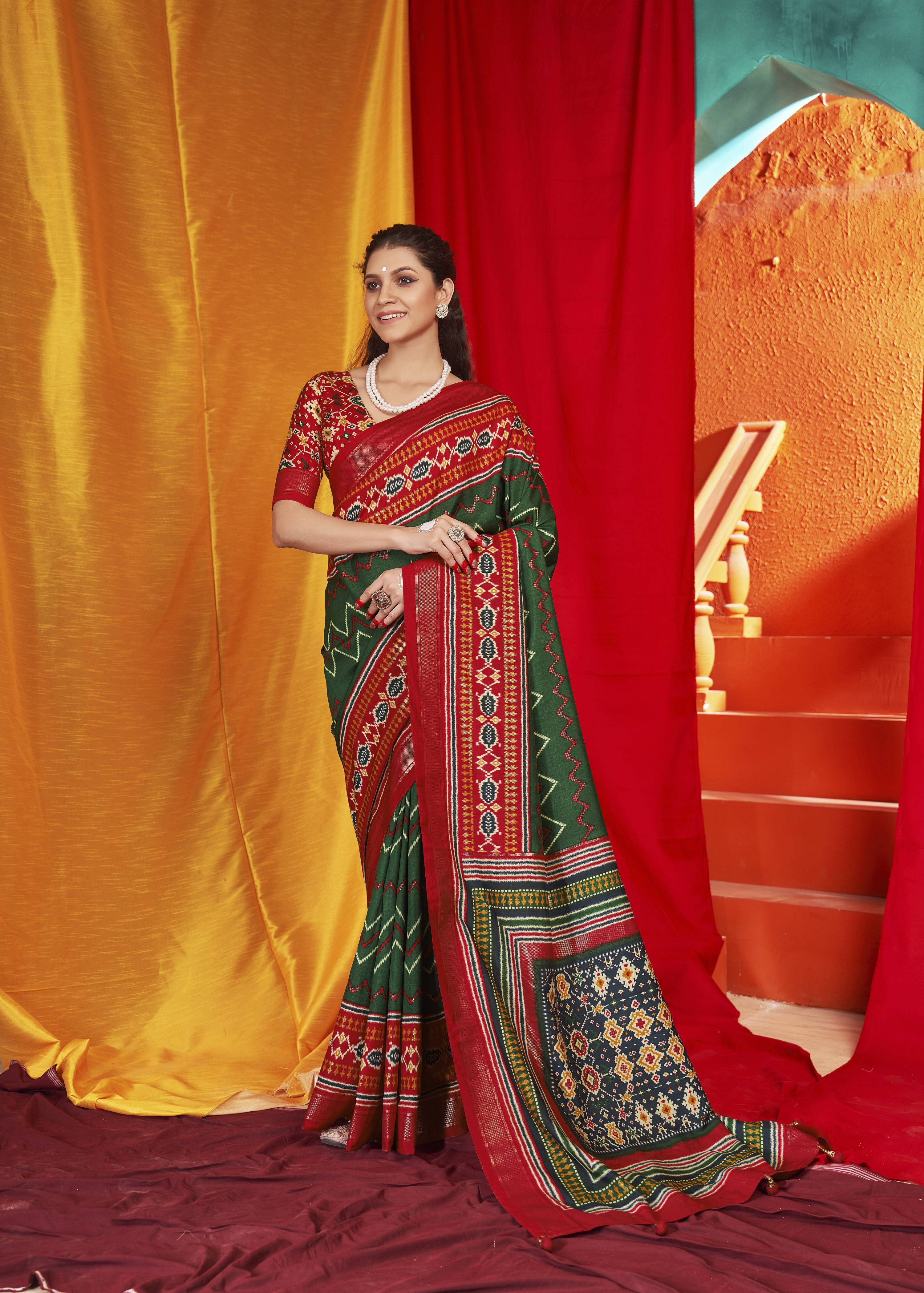 Green Velvet Tusser silk Patola Printed Saree