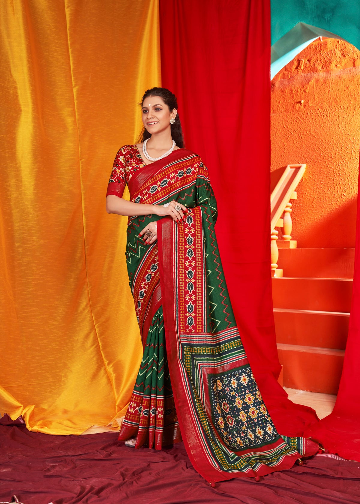 Green Velvet Tusser silk Patola Printed Saree