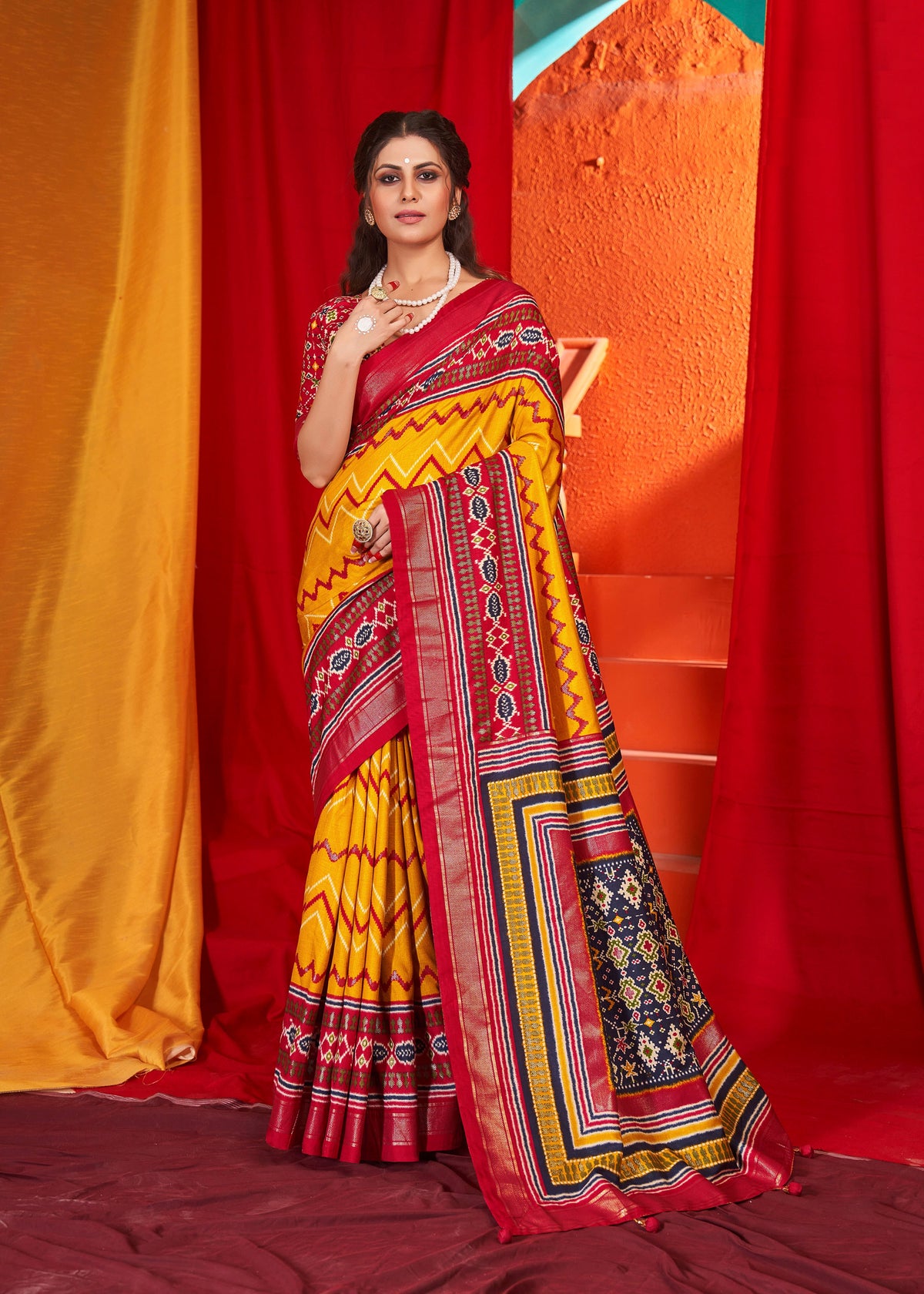 Yellow Velvet Tusser silk Patola Printed Saree