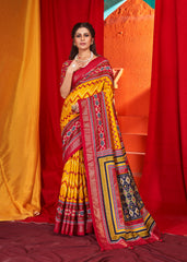 Yellow Velvet Tusser silk Patola Printed Saree