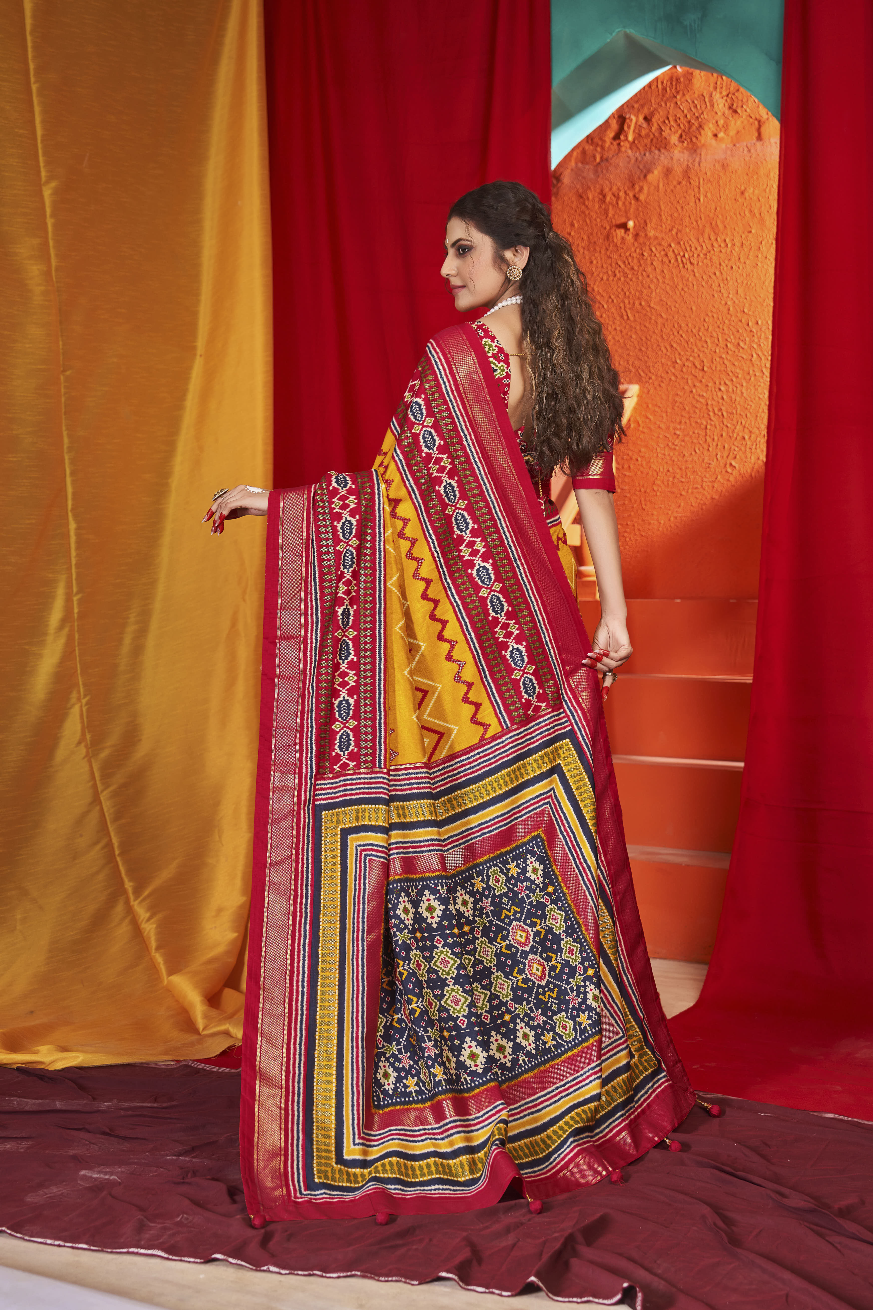 Yellow Velvet Tusser silk Patola Printed Saree