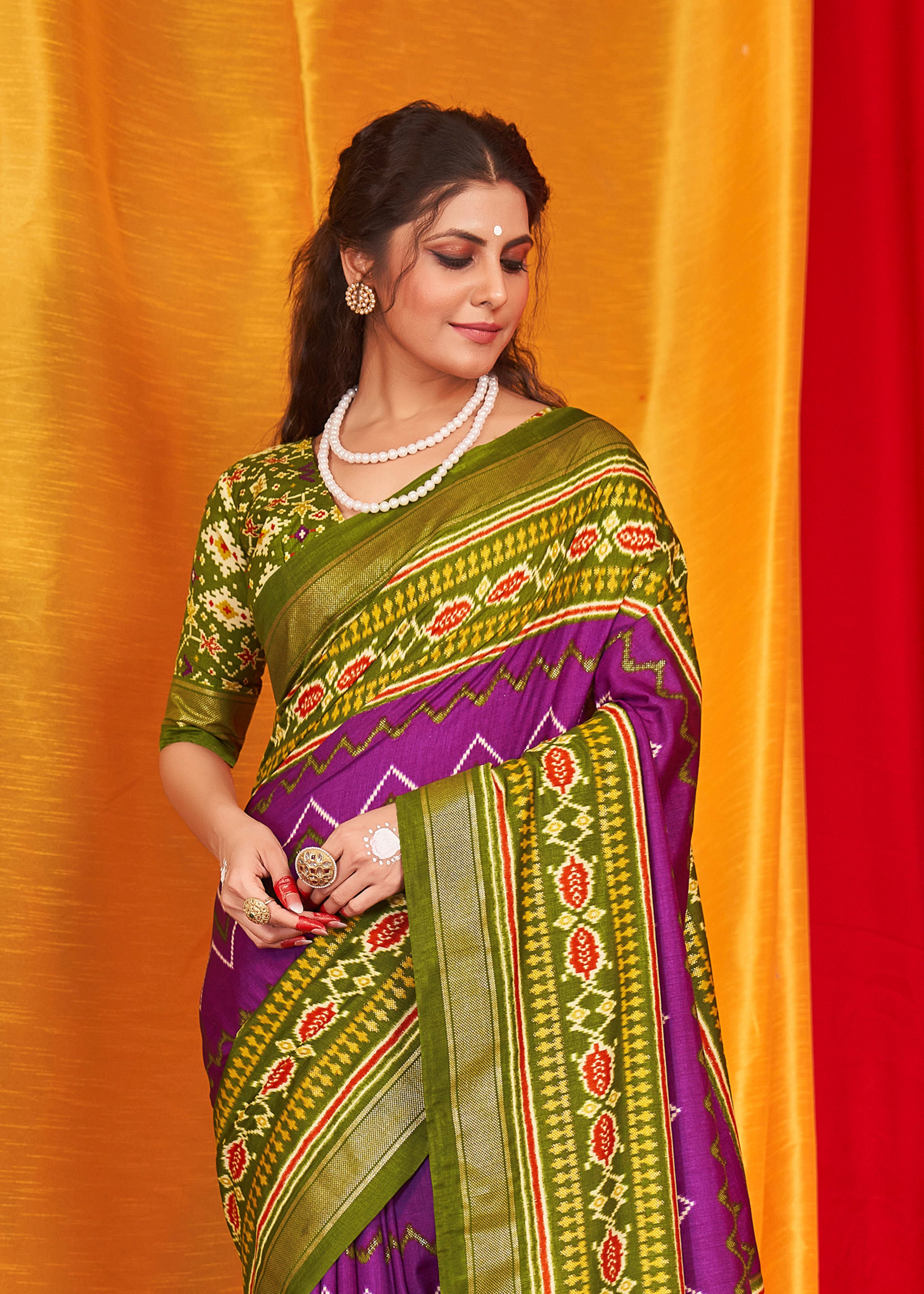 Purple Velvet Tusser silk Patola Printed Saree