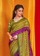 Purple Velvet Tusser silk Patola Printed Saree