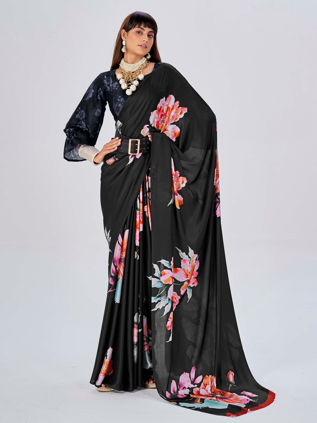 Black Colored Satin Floral Printed Saree