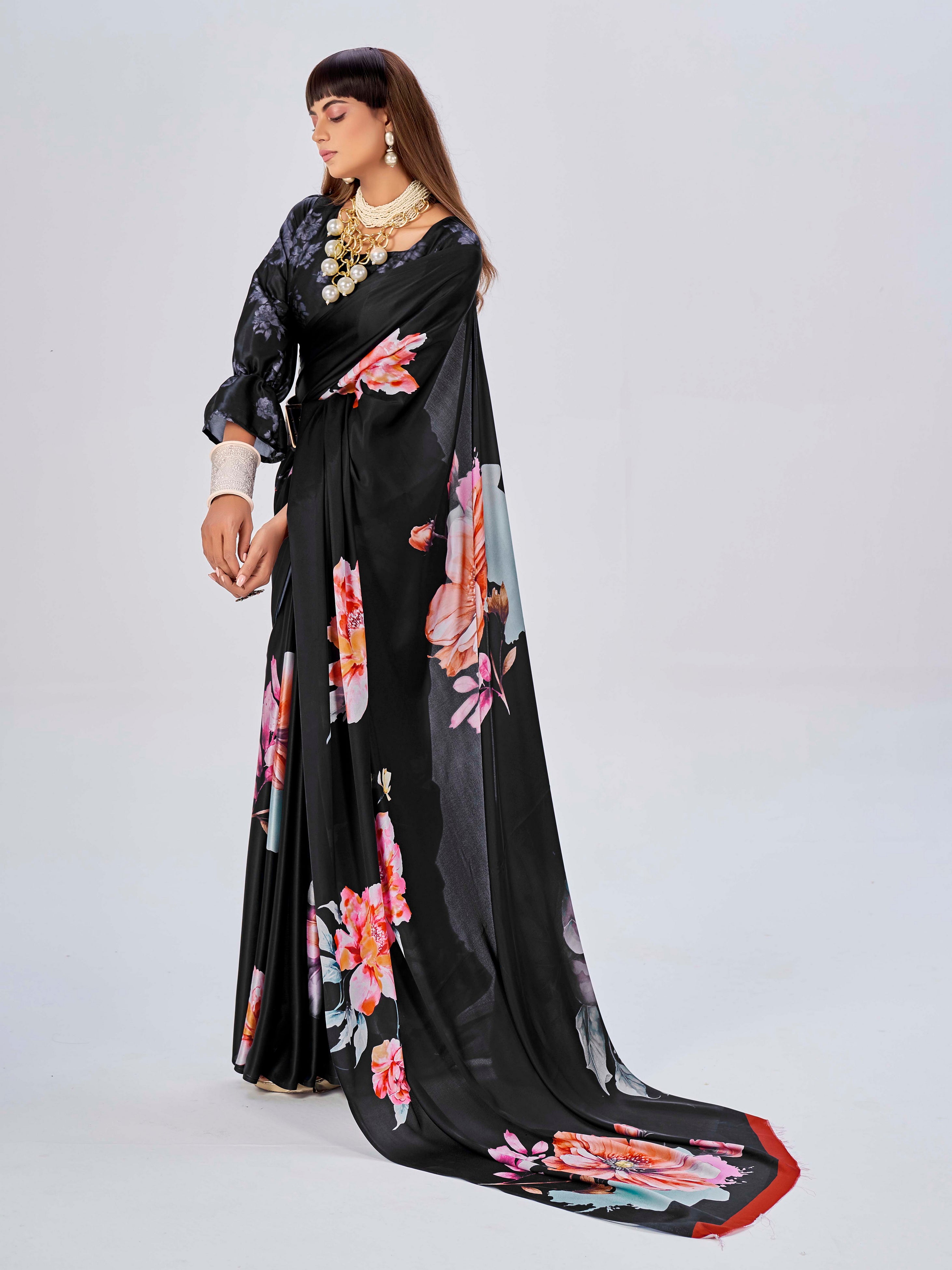 Black Colored Satin Floral Printed Saree