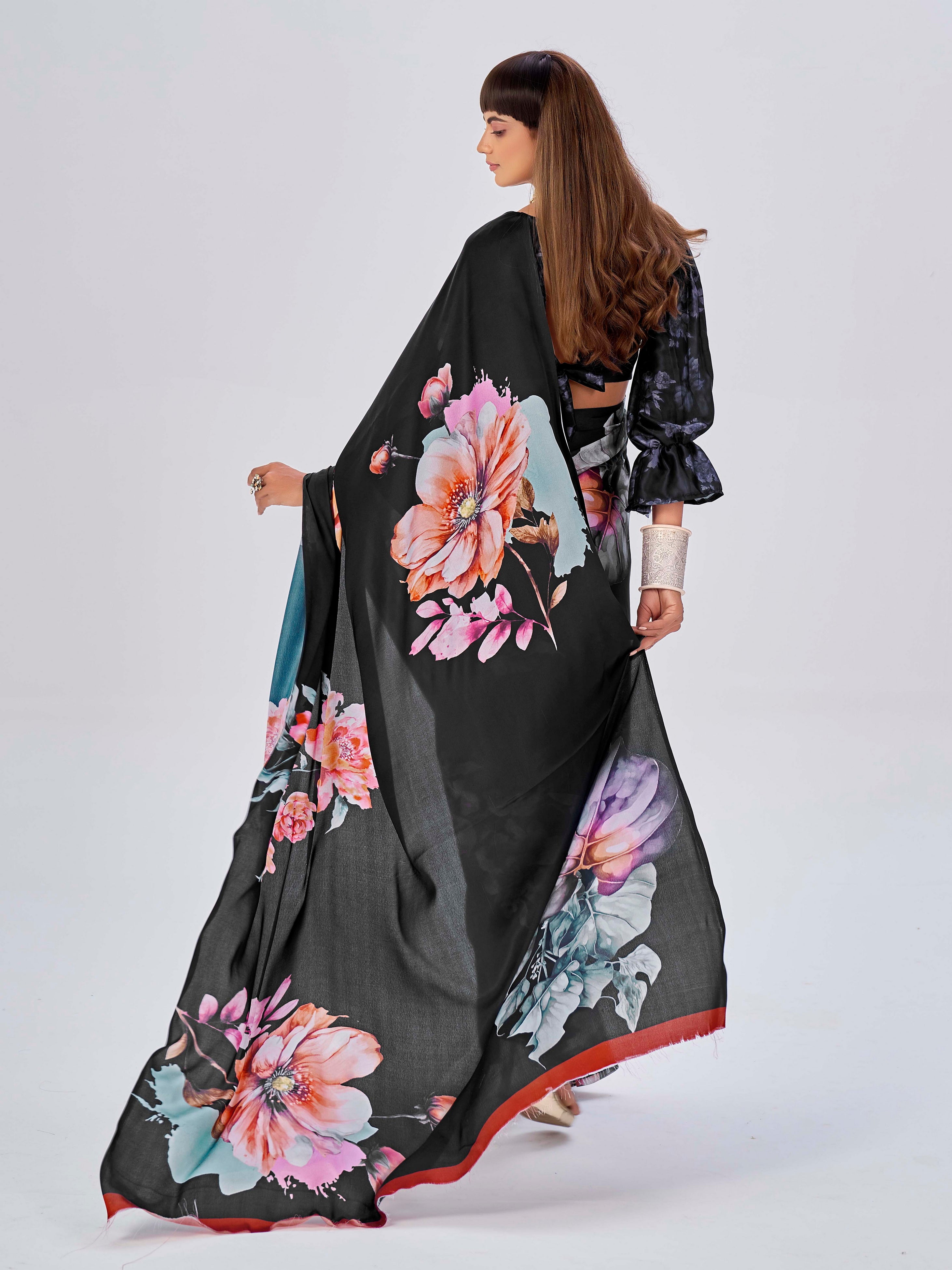 Black Colored Satin Floral Printed Saree