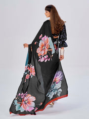 Black Colored Satin Floral Printed Saree